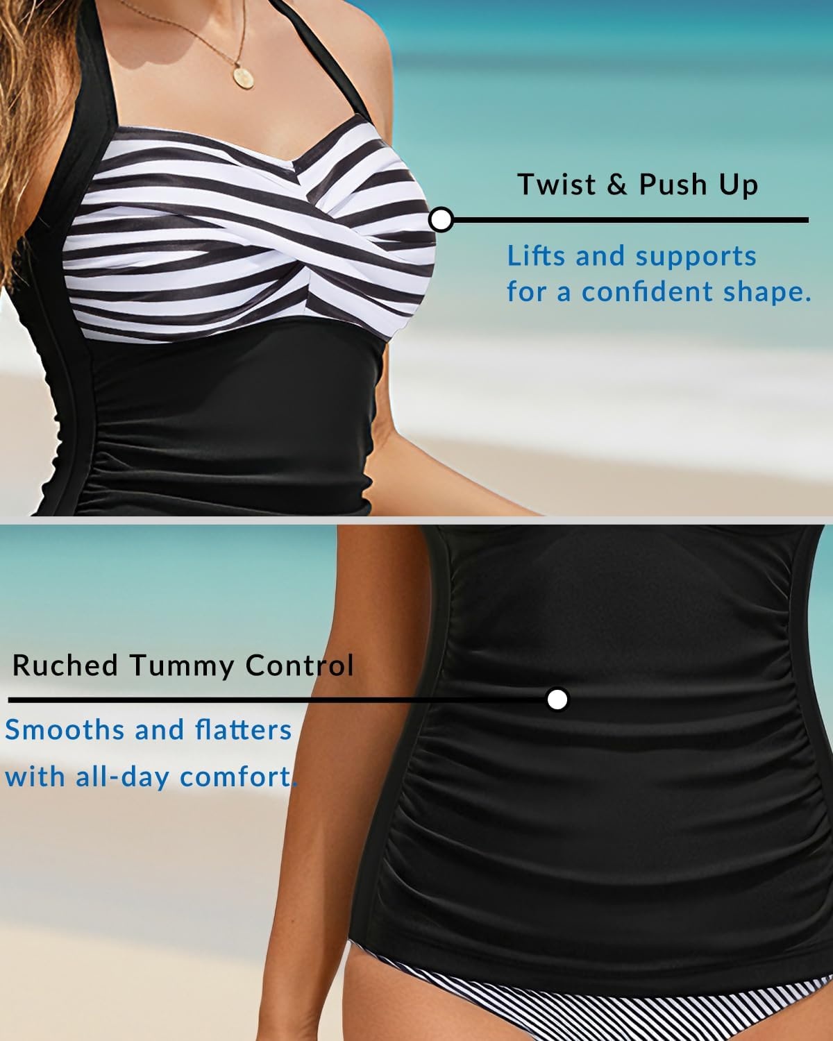 Women Tankini Bathing Suit Top – Halter Swim Tops Only Tummy Control No Bottom Swimwear(Stripe and Black)