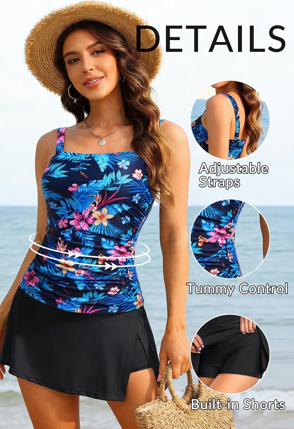 Talisea Womens Two Piece Tankini Bathing Suits with Skirt Tummy Control Swimsuits Ladies Swimwear(Blue Floral)