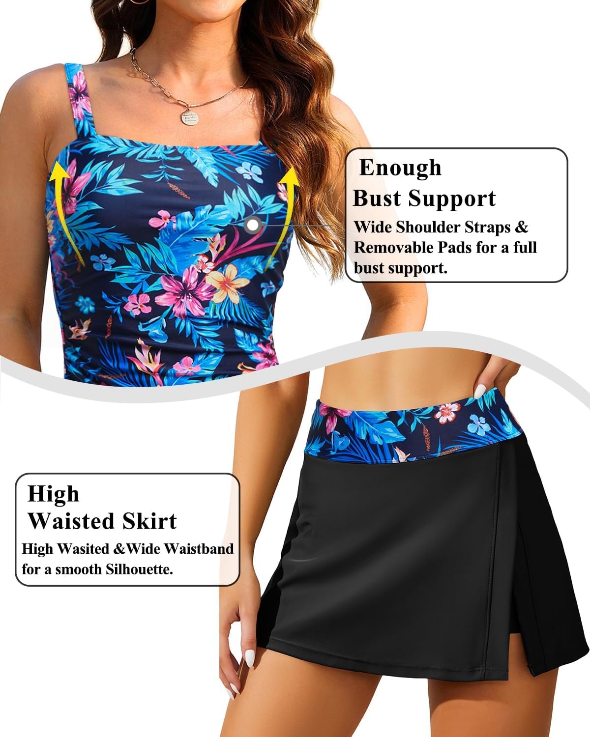 Talisea Womens Two Piece Tankini Bathing Suits with Skirt Tummy Control Swimsuits Ladies Swimwear(Blue Floral)