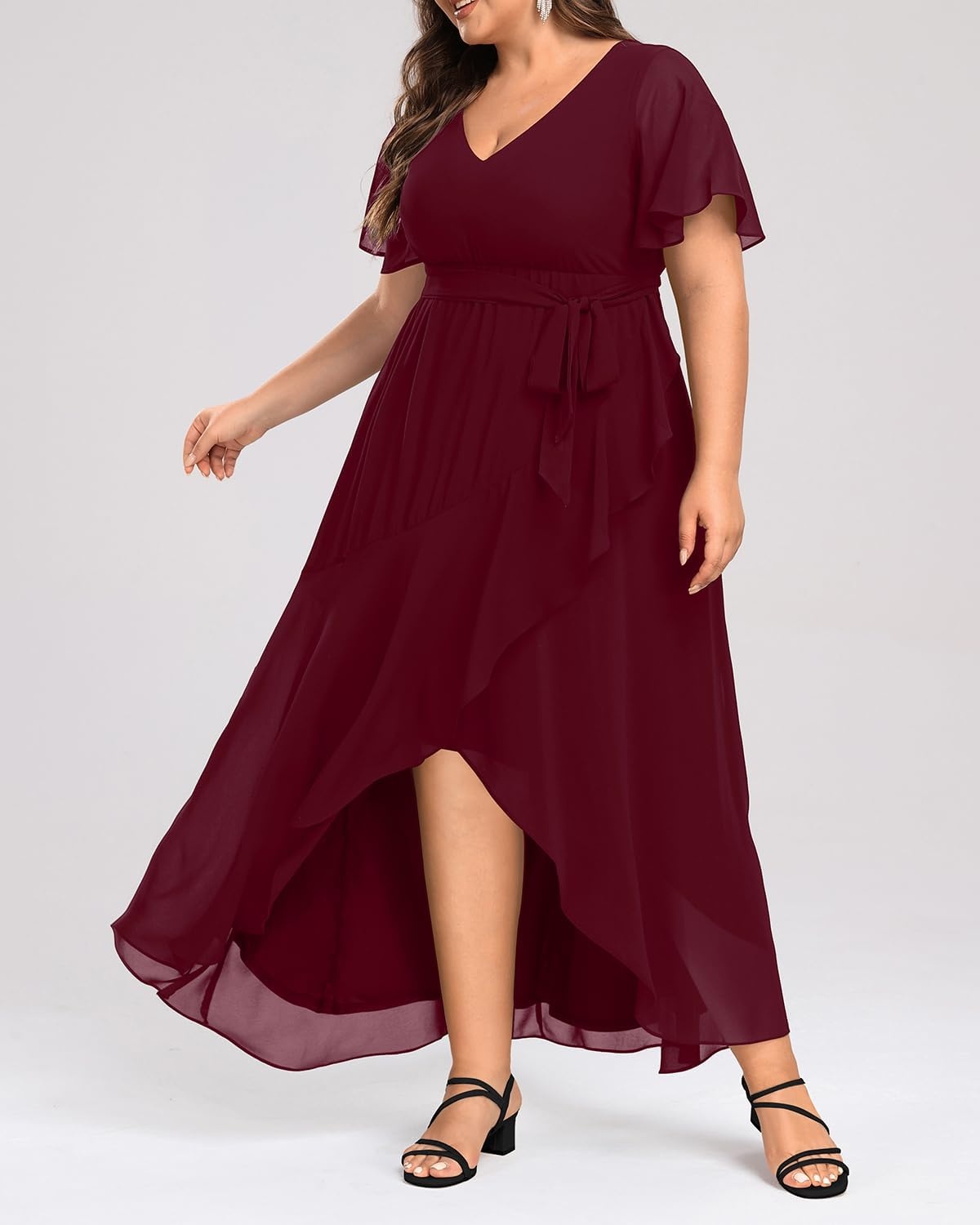 Talisea Plus Size Wedding Guest Dress – High Low Chiffon Ruffle Formal Gown(Burgundy)