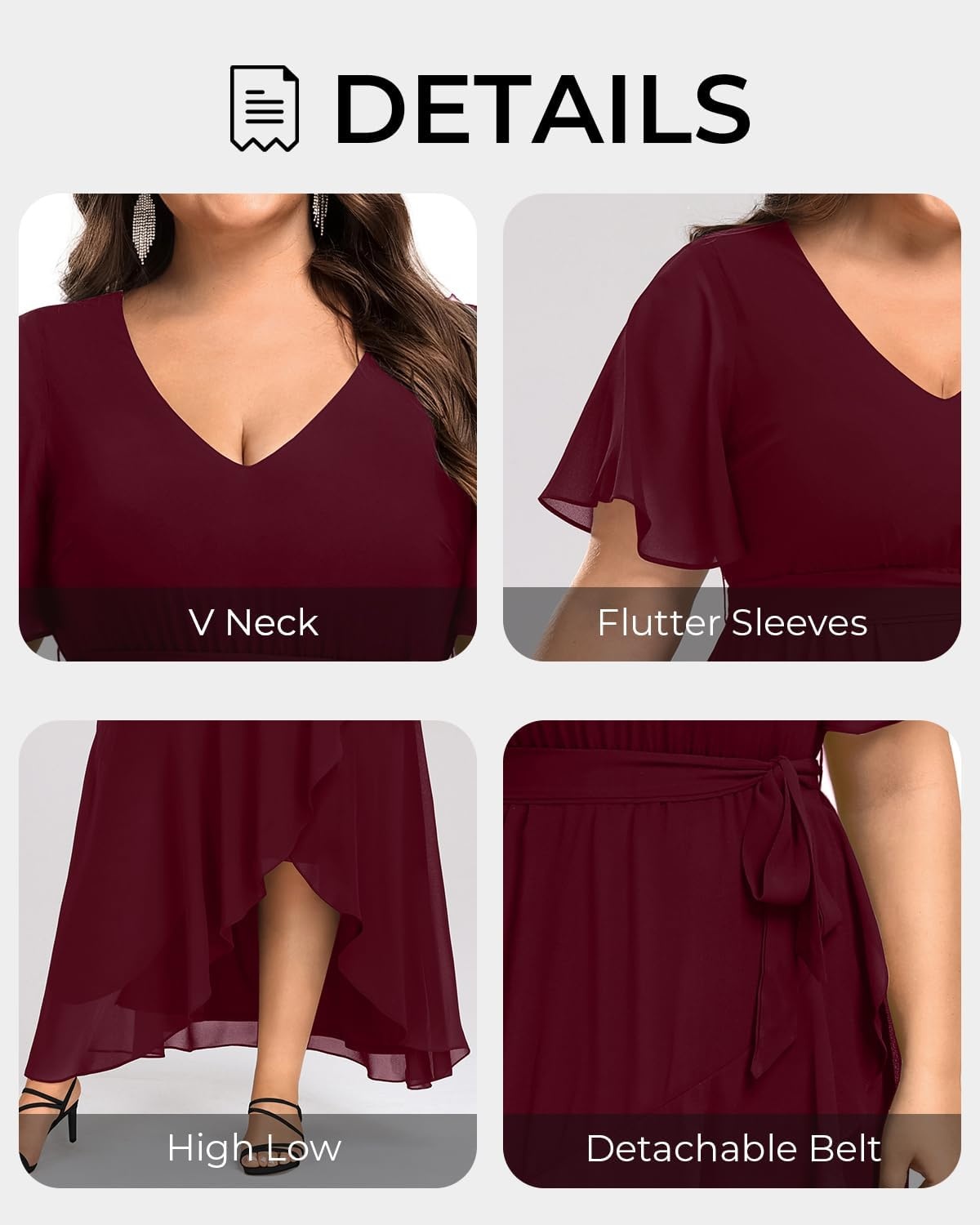 Talisea Plus Size Wedding Guest Dress – High Low Chiffon Ruffle Formal Gown(Burgundy)