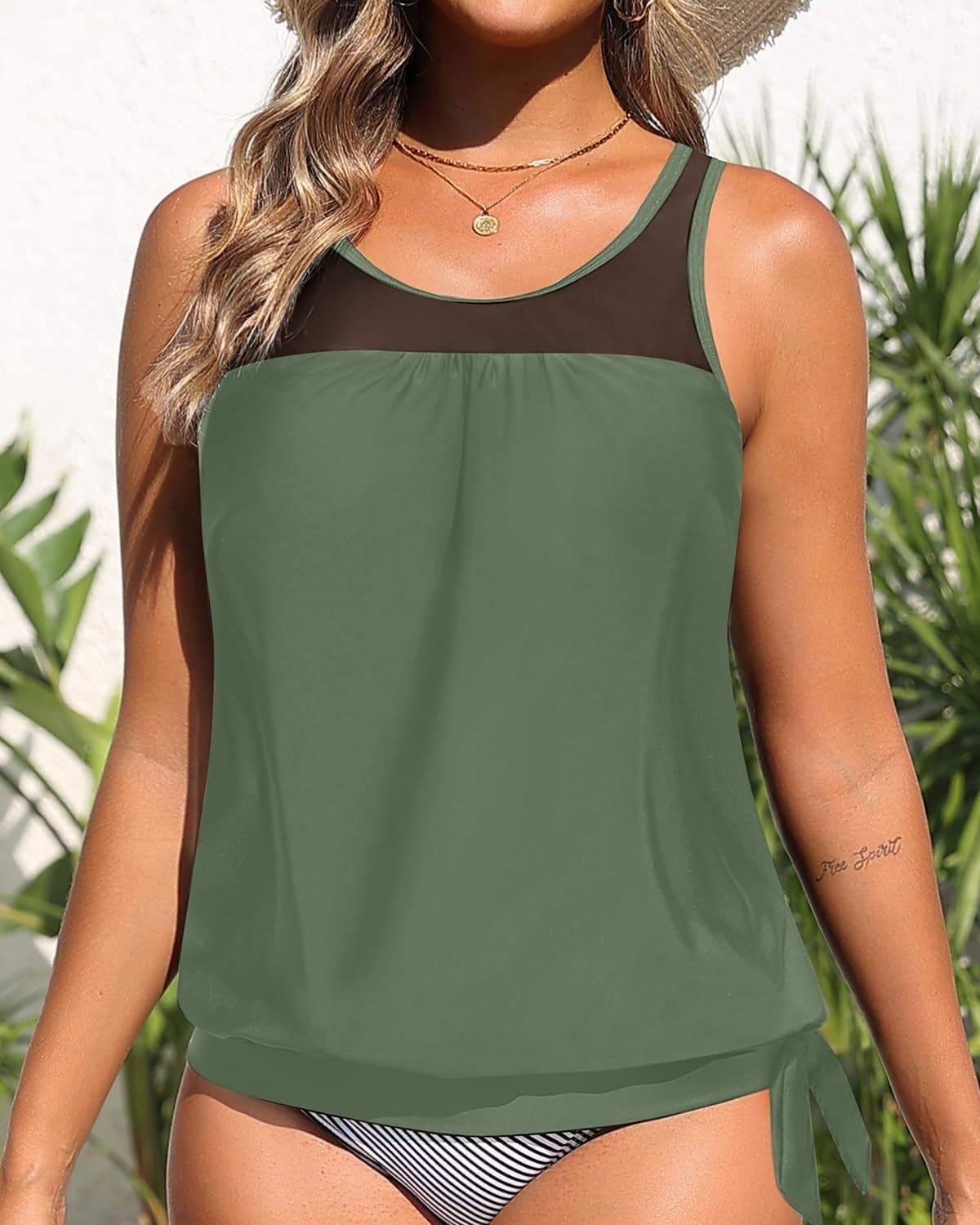 Tankini Tops for Women Swimwear – Blouson Swim Top Loose Fit Bathing Suit(Olive Green)