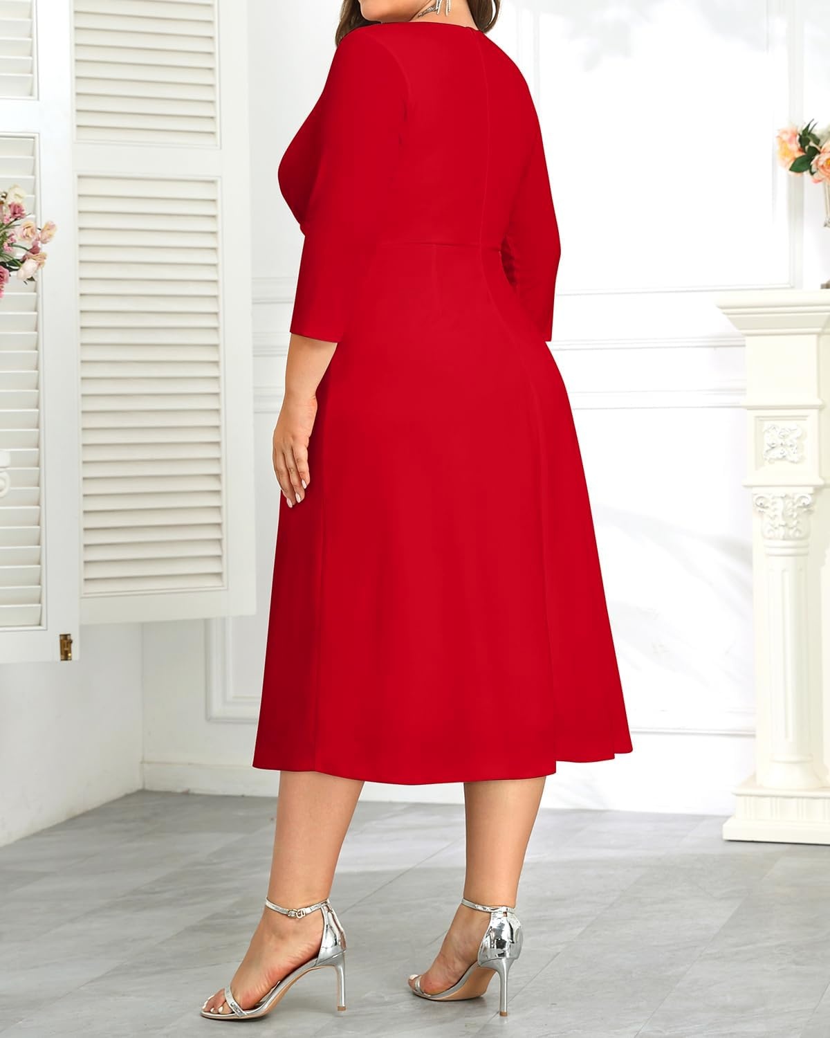 Plus Size Wedding Guest Dress Fall Semi Formal 3/4 Sleeve A-line Midi Dress | Plus Size Cocktail Wedding Guest Dress Fall 3/4 Sleeve A-Line Midi Dresses Curvy Women Modest Semi Formal Church Dress(Red)