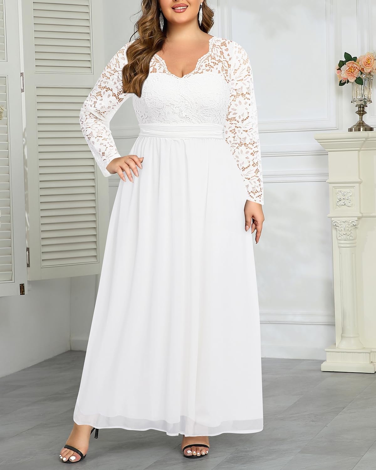 Plus Size Formal Dress V-Neck Lace Chiffon Maxi Wedding Guest Gown | Flattering Double V-Neck, Lace Sleeves, Empire Front & Smocked Back Waist, Chiffon Maxi Dress for Bridesmaids & Formal Events(White)