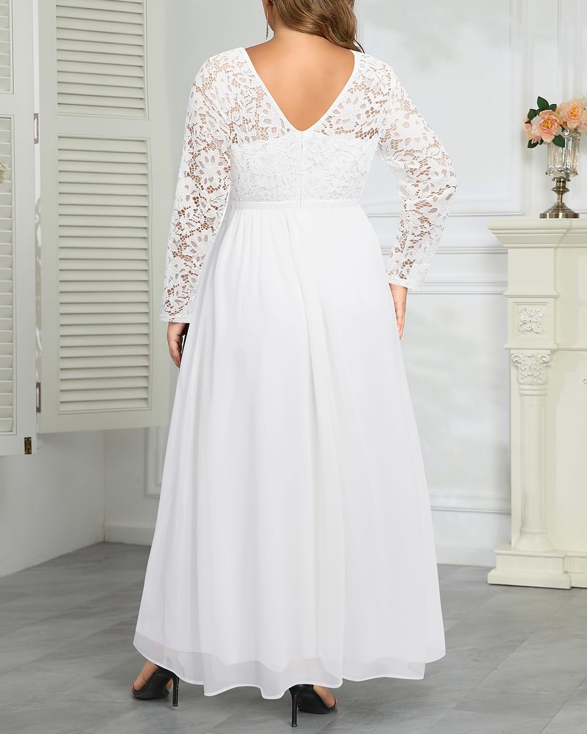 Plus Size Formal Dress V-Neck Lace Chiffon Maxi Wedding Guest Gown | Flattering Double V-Neck, Lace Sleeves, Empire Front & Smocked Back Waist, Chiffon Maxi Dress for Bridesmaids & Formal Events(White)
