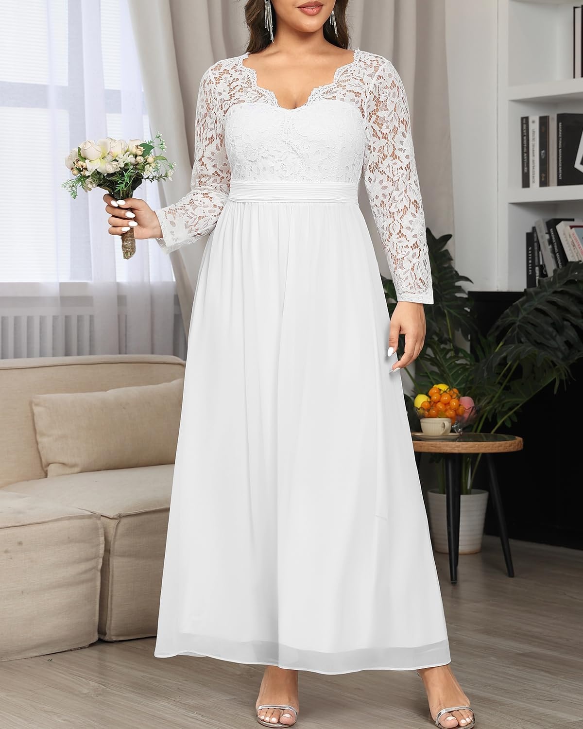 Plus Size Formal Dress V-Neck Lace Chiffon Maxi Wedding Guest Gown | Flattering Double V-Neck, Lace Sleeves, Empire Front & Smocked Back Waist, Chiffon Maxi Dress for Bridesmaids & Formal Events(White)