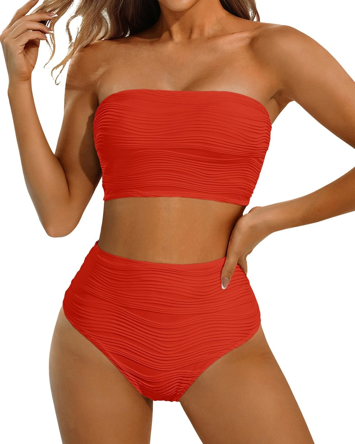 High Waisted Bandeau Bikini Set – Women Strapless Two Piece Swimsuits Ribbed Longline Full Coverage Bathing Suits Swimwear(Red)
