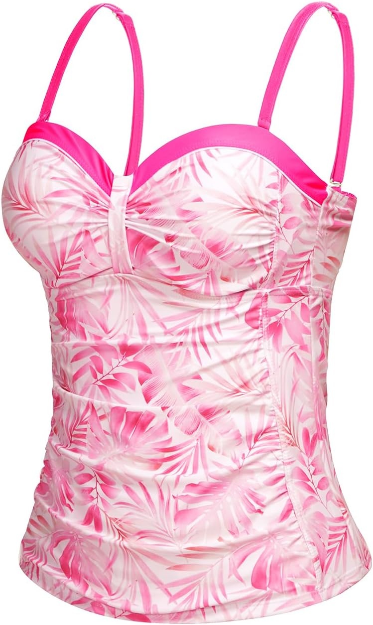 Women’s Underwire Tummy Control Swimsuit Top Push Up Bathing Suit Top(Pink Leaves)