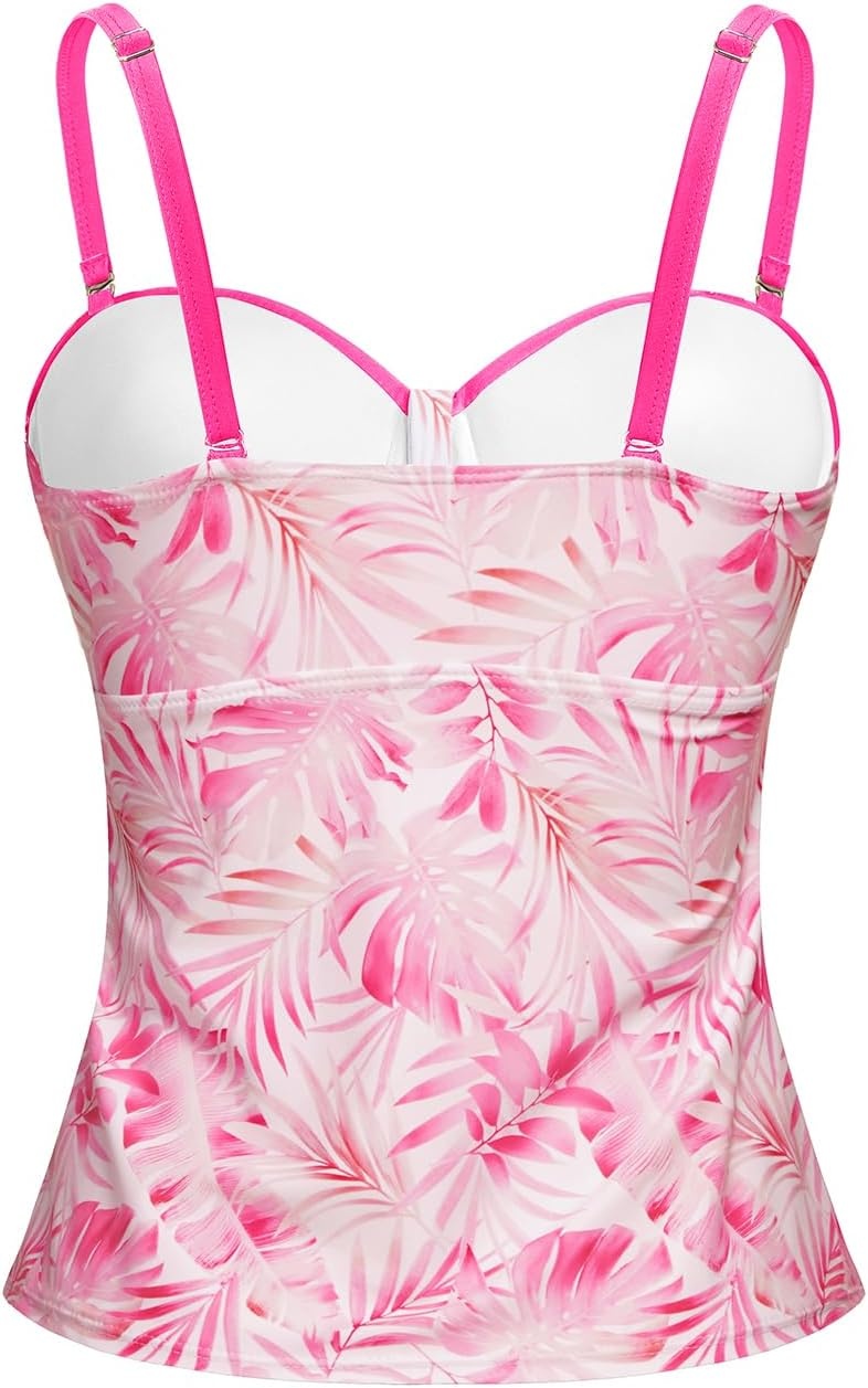 Women’s Underwire Tummy Control Swimsuit Top Push Up Bathing Suit Top(Pink Leaves)
