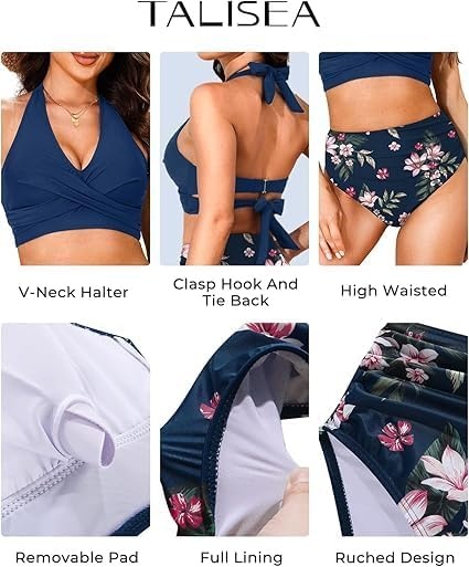 Talisea High Waisted Bikini Set for Women Two Piece Tummy Control Swimsuit Halter Push Up Bathing Suits with Twist Front Top(Blue Floral)
