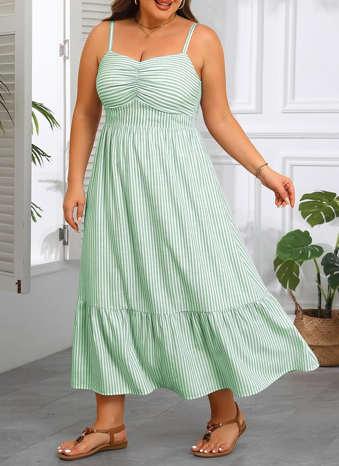 Talisea Plus Size Maxi Dress – Summer Striped Sundress Casual Spaghetti Strap Smocked Beach Vacation Flowy Long Dresses Women(Green and White)