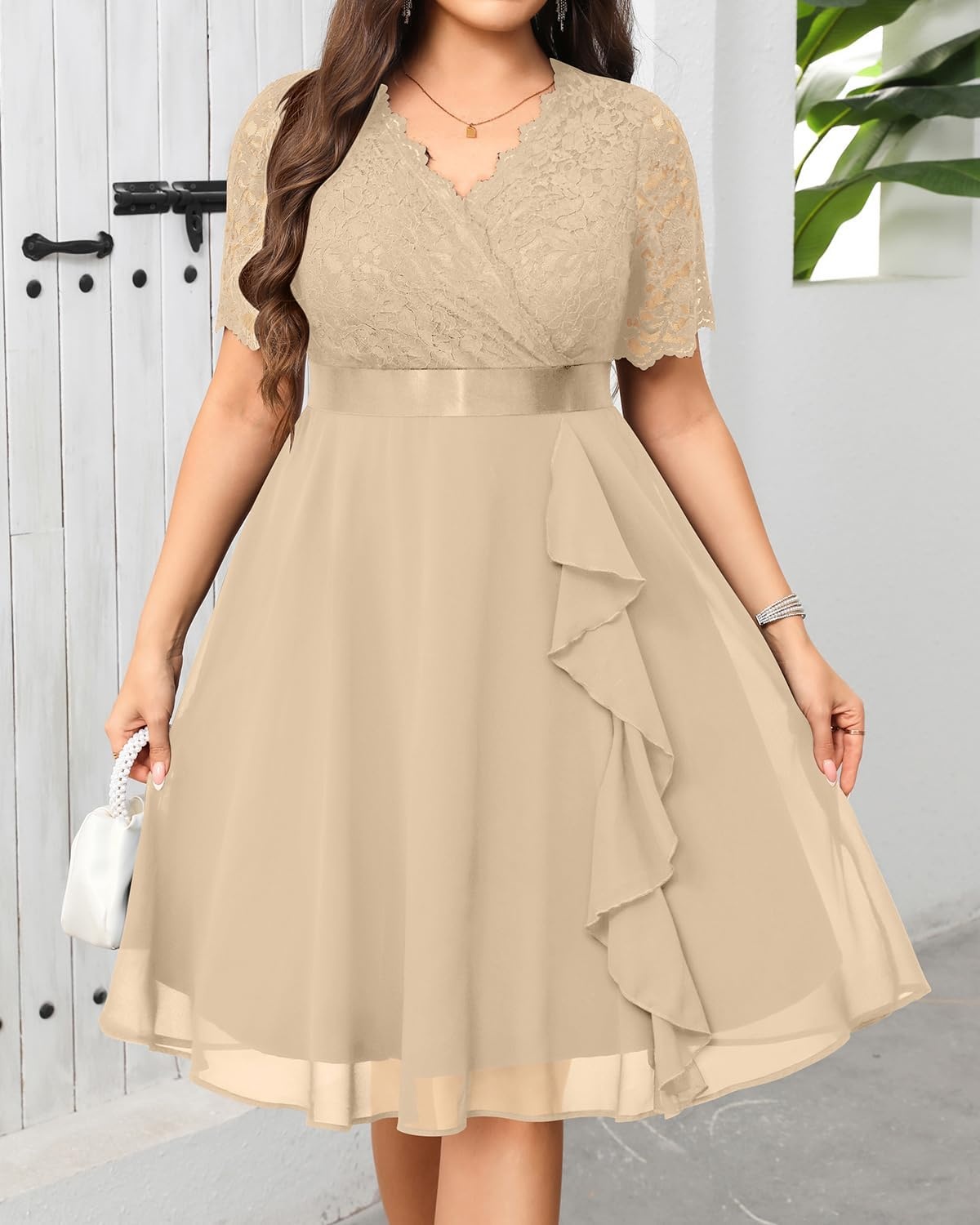 Talisea Plus Size Wedding Guest Lace Chiffon Ruffle Tea Length Dress | Delicate lace bodice / ruffle chiffon skirt / elegant V neck / tea length / light flowy movement(Champagne)
