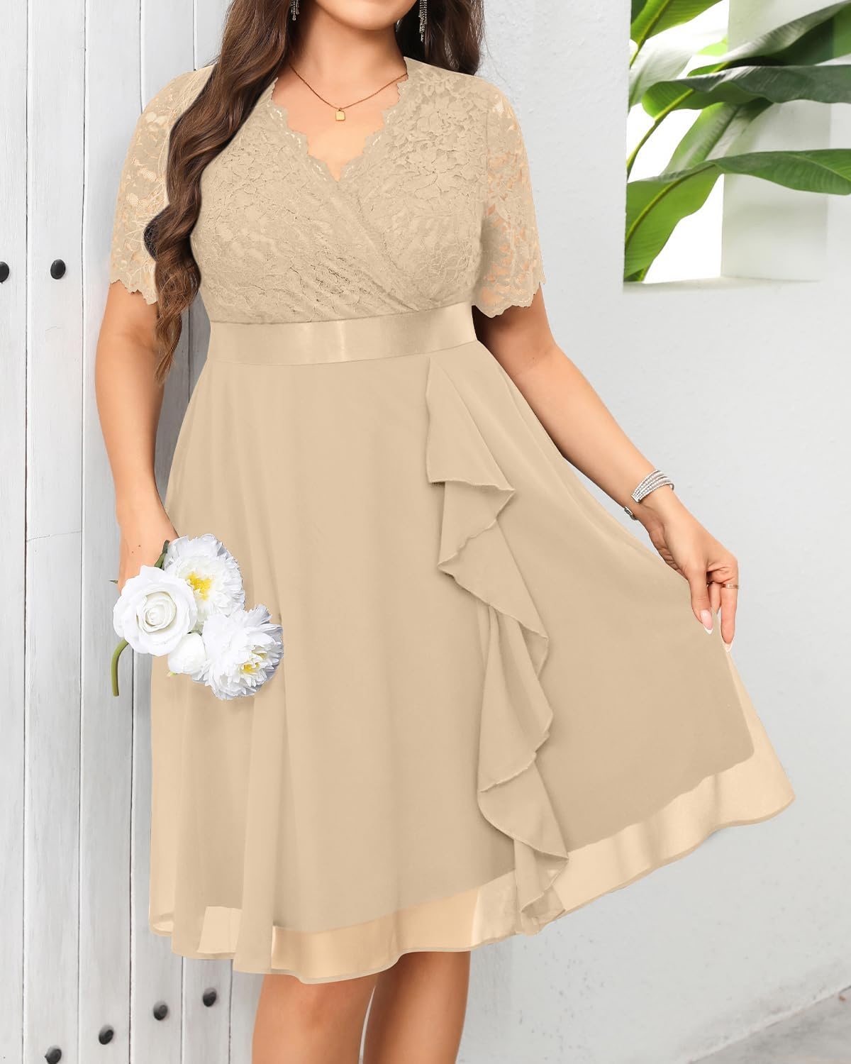 Talisea Plus Size Wedding Guest Lace Chiffon Ruffle Tea Length Dress | Delicate lace bodice / ruffle chiffon skirt / elegant V neck / tea length / light flowy movement(Champagne)