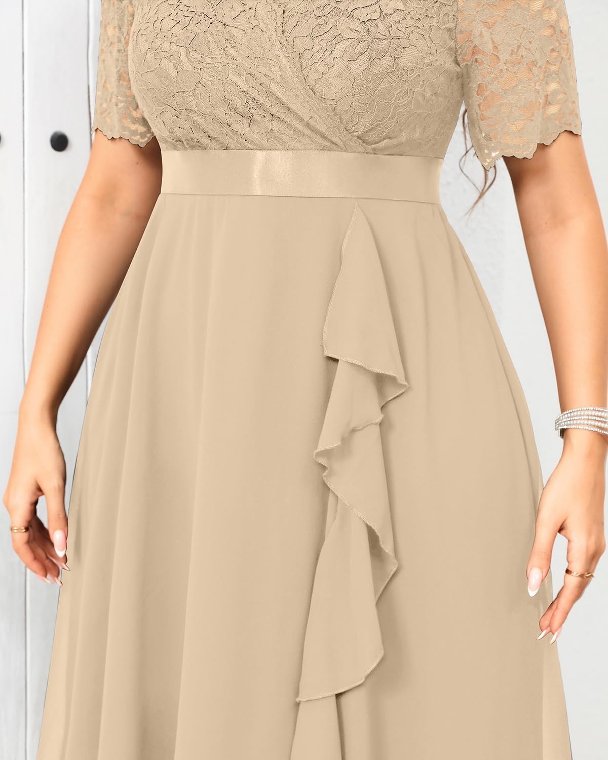 Talisea Plus Size Wedding Guest Lace Chiffon Ruffle Tea Length Dress | Delicate lace bodice / ruffle chiffon skirt / elegant V neck / tea length / light flowy movement(Champagne)