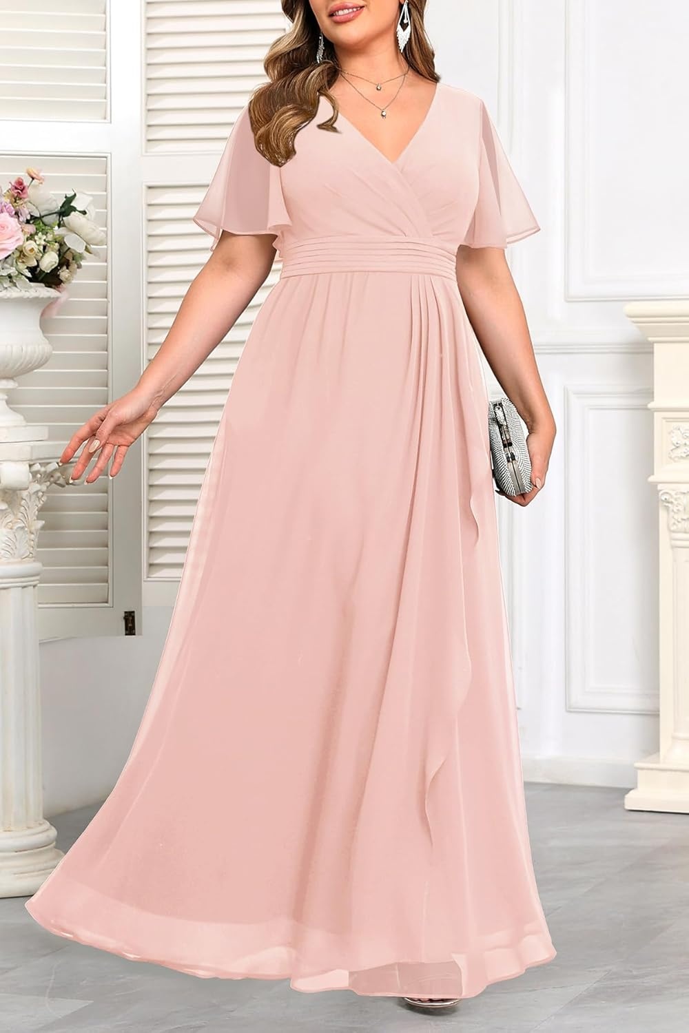 Talisea Plus Size Formal Dresses – Wedding Guest Bridesmaid Evening Prom Chiffon V Neck Ruffle Short Sleeves Long Dress Women(Light Pink)