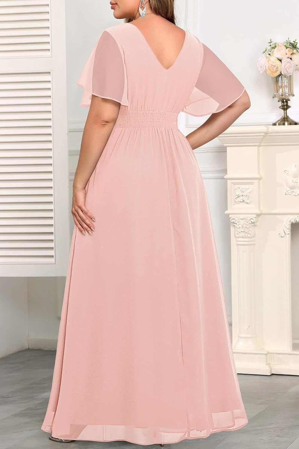 Talisea Plus Size Formal Dresses – Wedding Guest Bridesmaid Evening Prom Chiffon V Neck Ruffle Short Sleeves Long Dress Women(Light Pink)