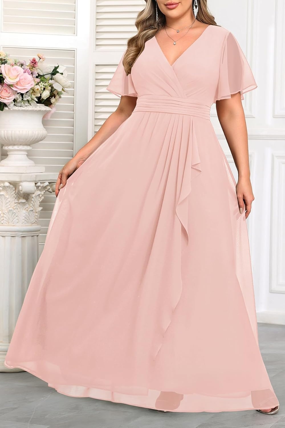 Talisea Plus Size Formal Dresses – Wedding Guest Bridesmaid Evening Prom Chiffon V Neck Ruffle Short Sleeves Long Dress Women(Light Pink)