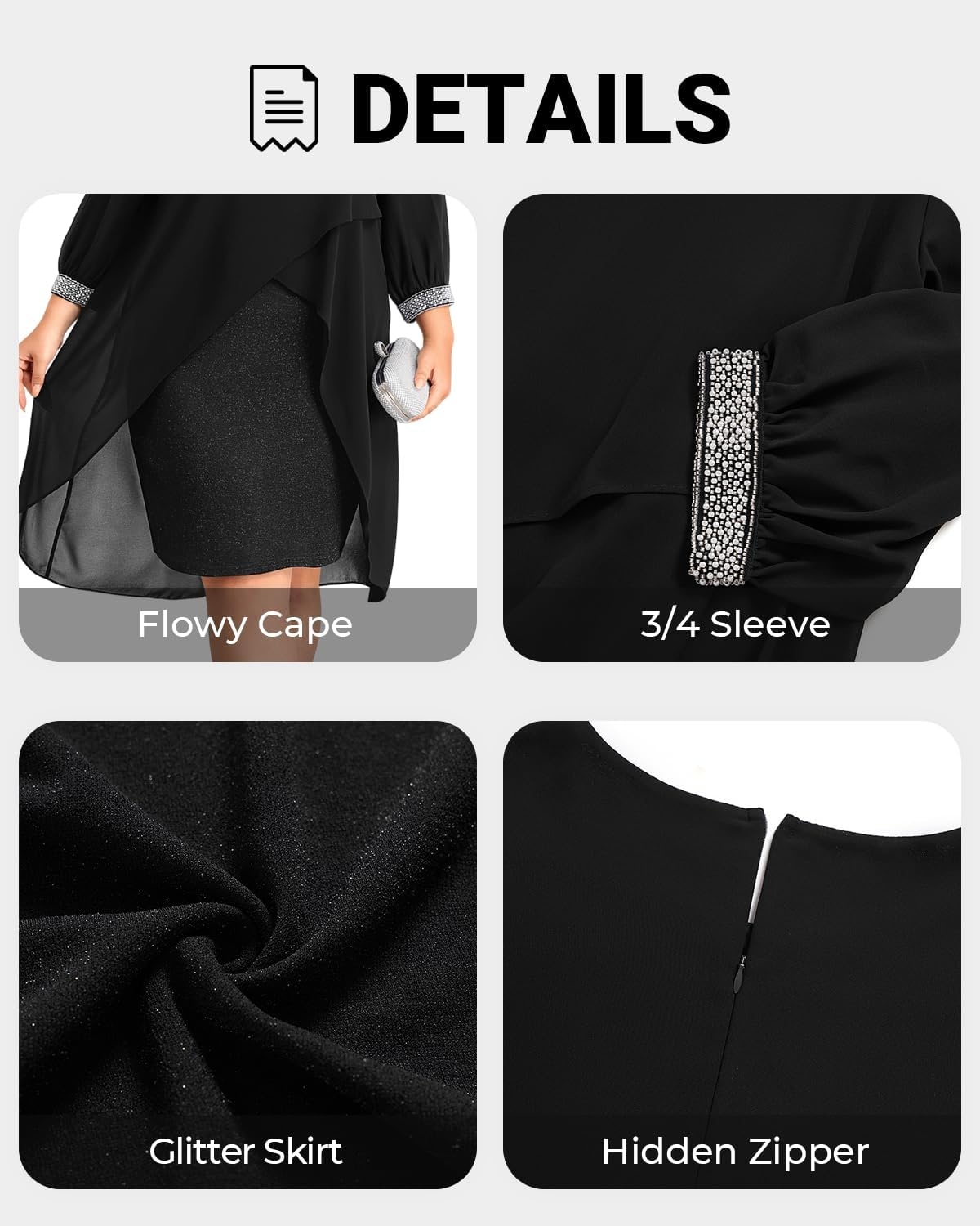 Talisea Plus Size Cocktail Dress – Elegant Chiffon Cape 3/4 Sleeves Glitter Evening Party Wedding Guest Dresses Women Formal(Black)