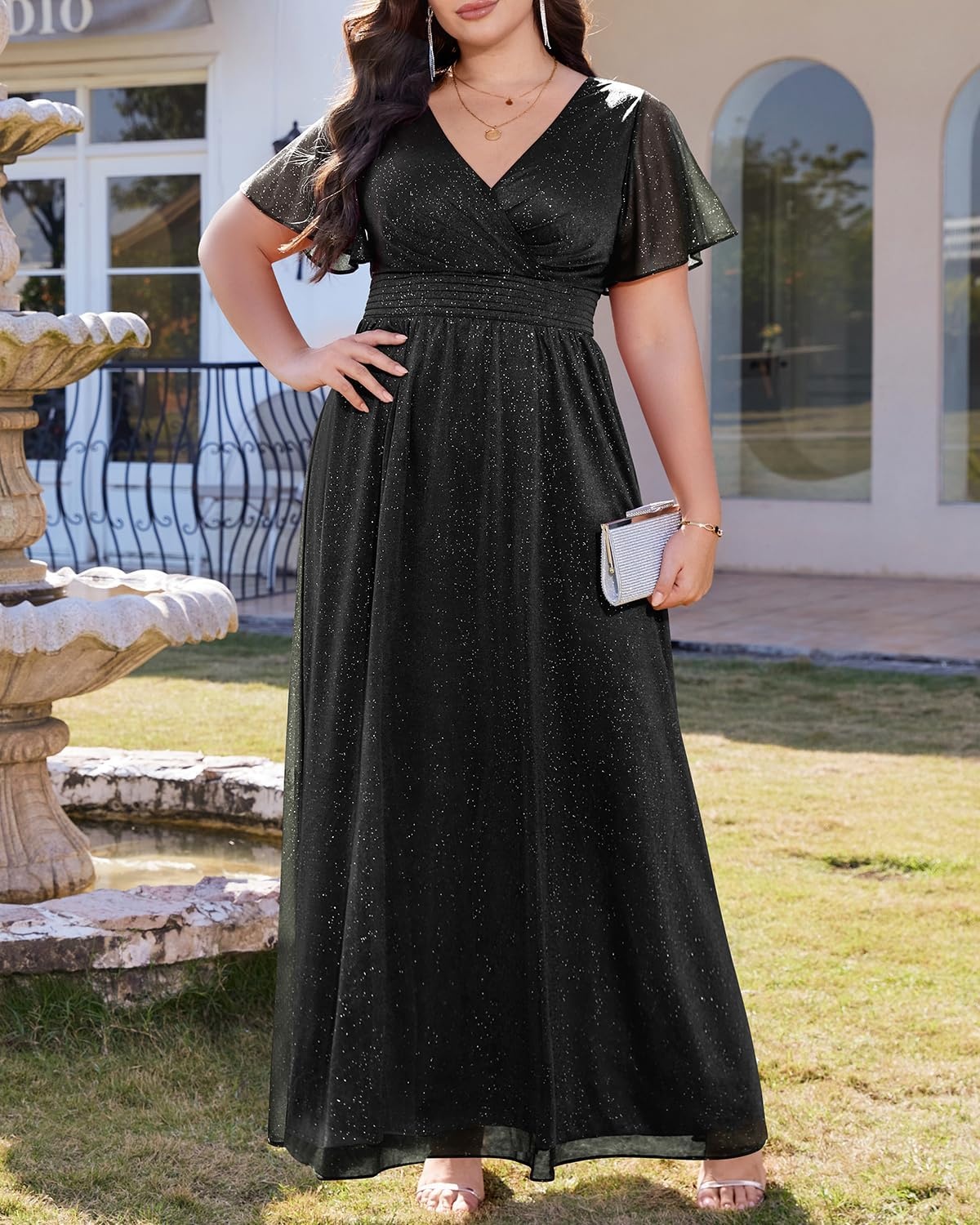 Talisea Plus Size Formal Dresses – V Neck Flutter Sleeve Glitter Prom Evening Gowns Wedding Guest Chiffon Long Maxi Dress(Black-glitter)