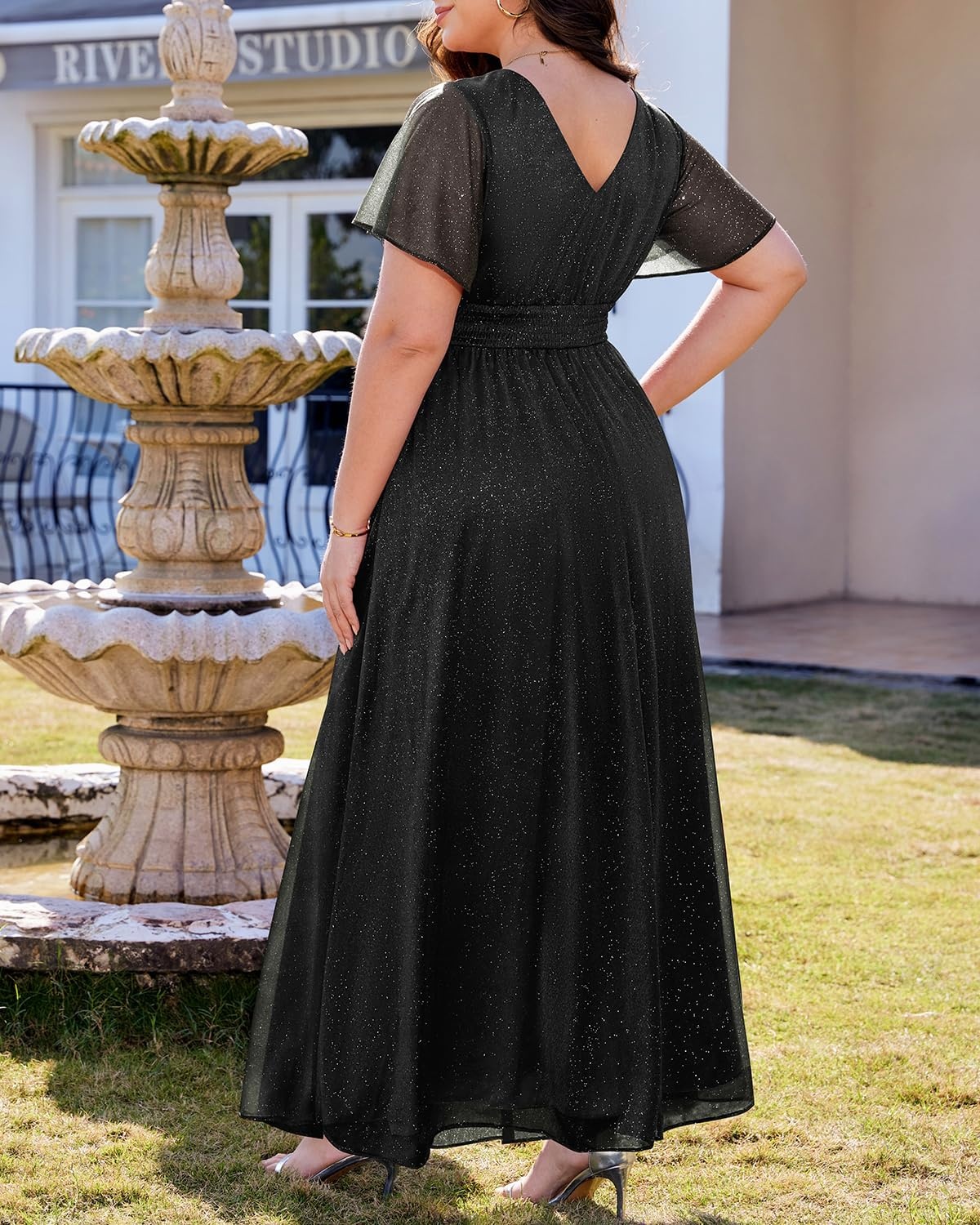 Talisea Plus Size Formal Dresses – V Neck Flutter Sleeve Glitter Prom Evening Gowns Wedding Guest Chiffon Long Maxi Dress(Black-glitter)