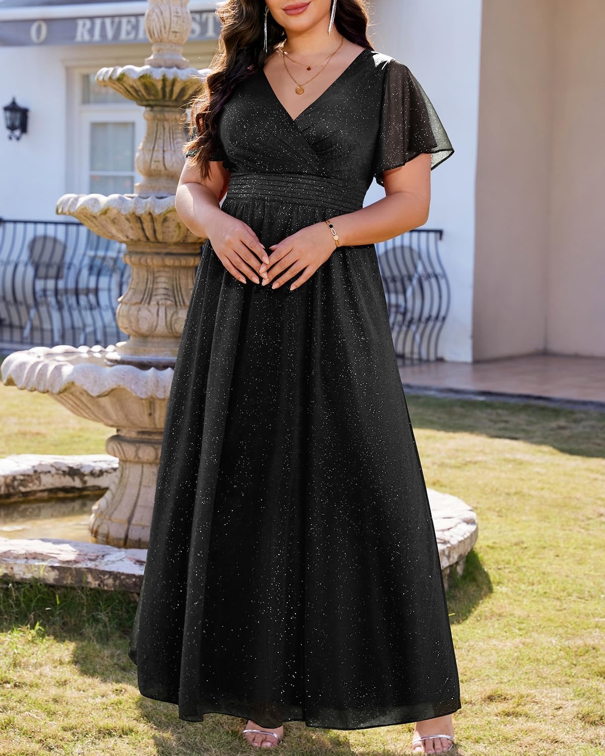Talisea Plus Size Formal Dresses – V Neck Flutter Sleeve Glitter Prom Evening Gowns Wedding Guest Chiffon Long Maxi Dress(Black-glitter)