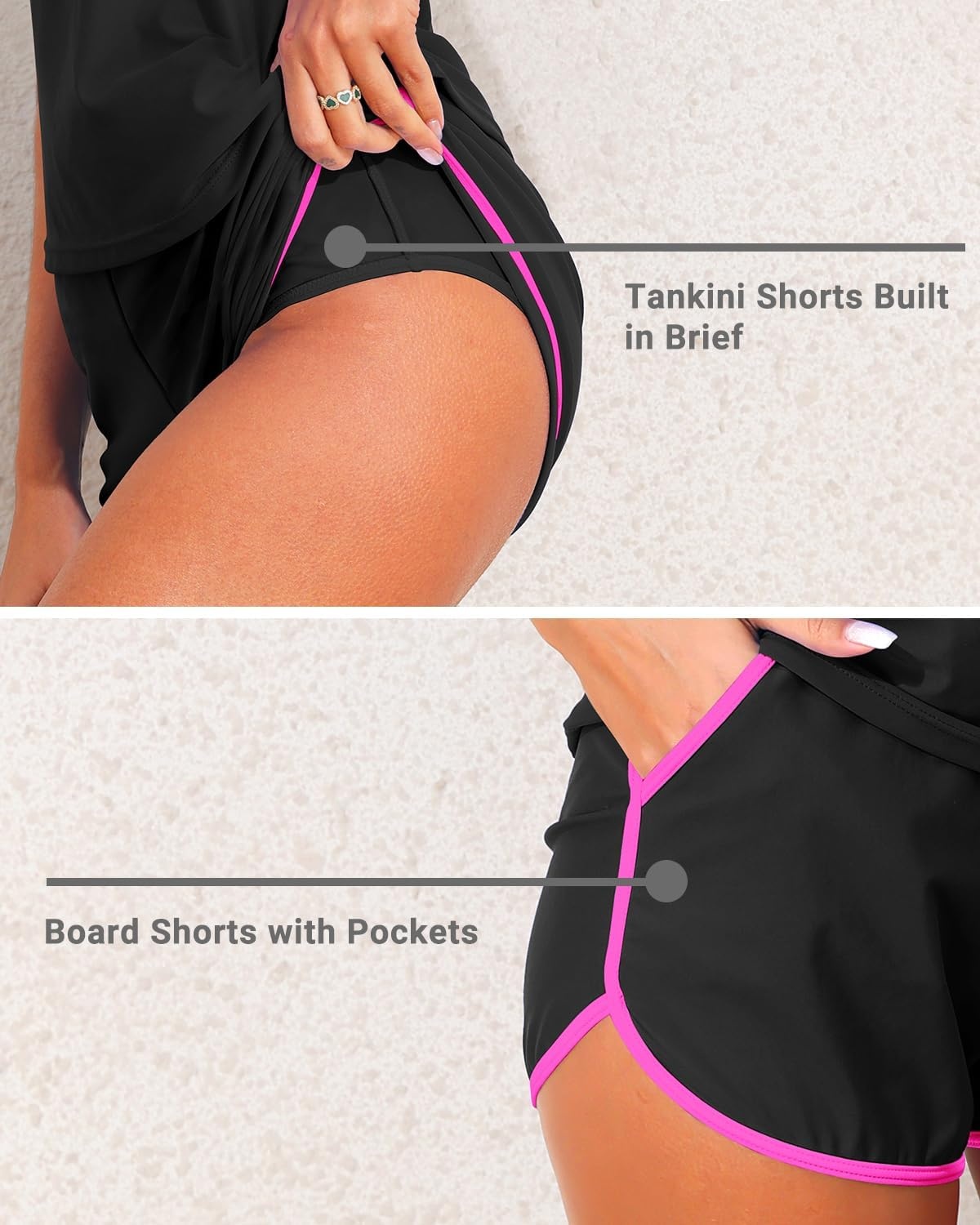 Talisea Women 2 Piece Tankini Swimsuit with Pockets Boy Shorts Modest Bathing Suit Tummy Control Tank Top(Black Pink)