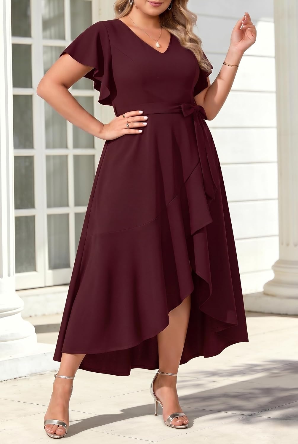 Plus Size Wedding Guest Dress -Formal Split V Neck Maxi Dress for Women | Formal cocktail party maxi dress,long dress with belt,ruffle V-neck with high-low split hem for curvy women.(Burgundy)
