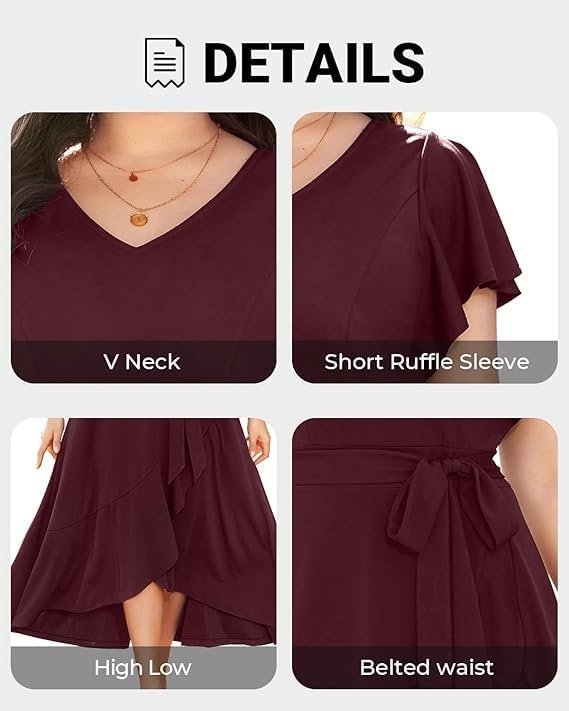 Plus Size Wedding Guest Dress -Formal Split V Neck Maxi Dress for Women | Formal cocktail party maxi dress,long dress with belt,ruffle V-neck with high-low split hem for curvy women.(Burgundy)