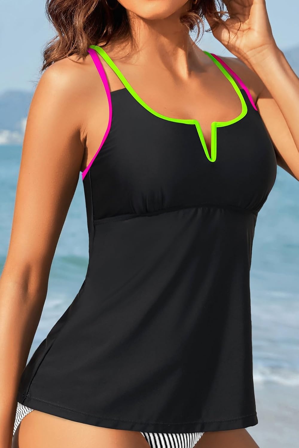 Womens Tankini Tops Only – Modest Swimsuit V-Wired Swim Top Swimwear Tummy Control Bathing Suit No Bottom 2025(Black Pink and Green)