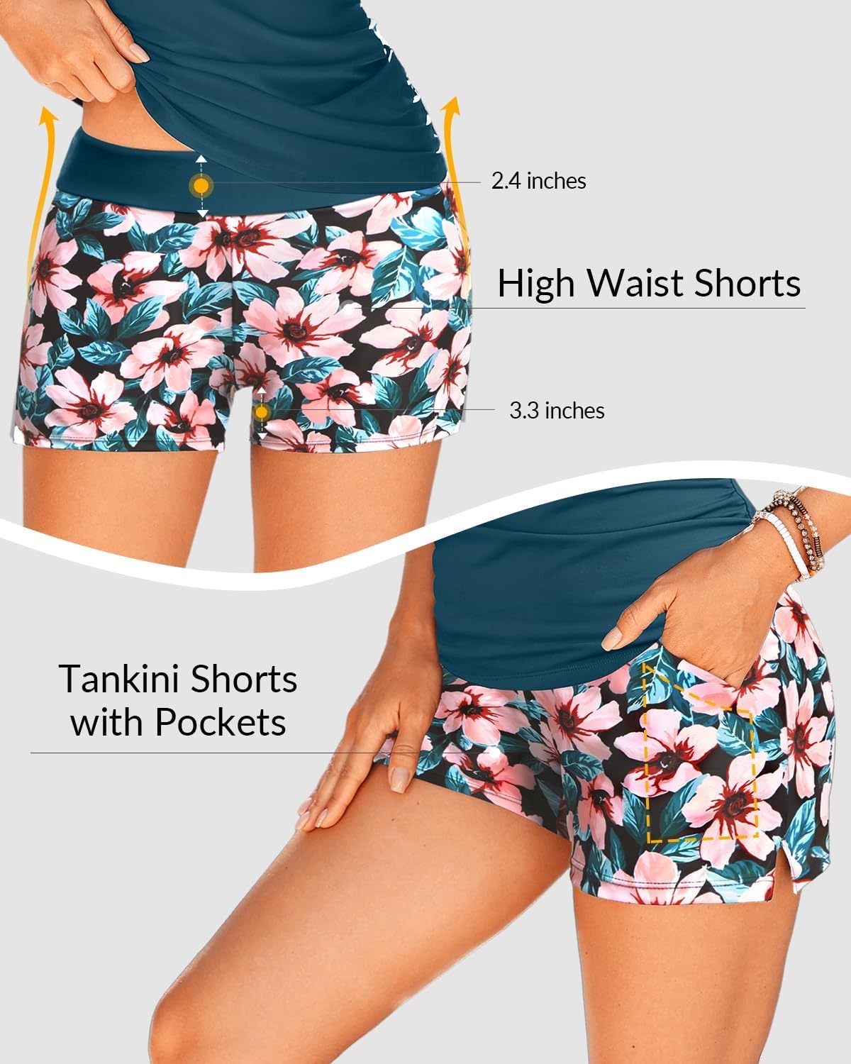 Tankini with Shorts – Tummy Control Two Piece Swimsuit with Pockets | Tummy control smooths your silhouette. Side pockets keep essentials handy. High-waist boy shorts provide full coverage.(Teal Floral)