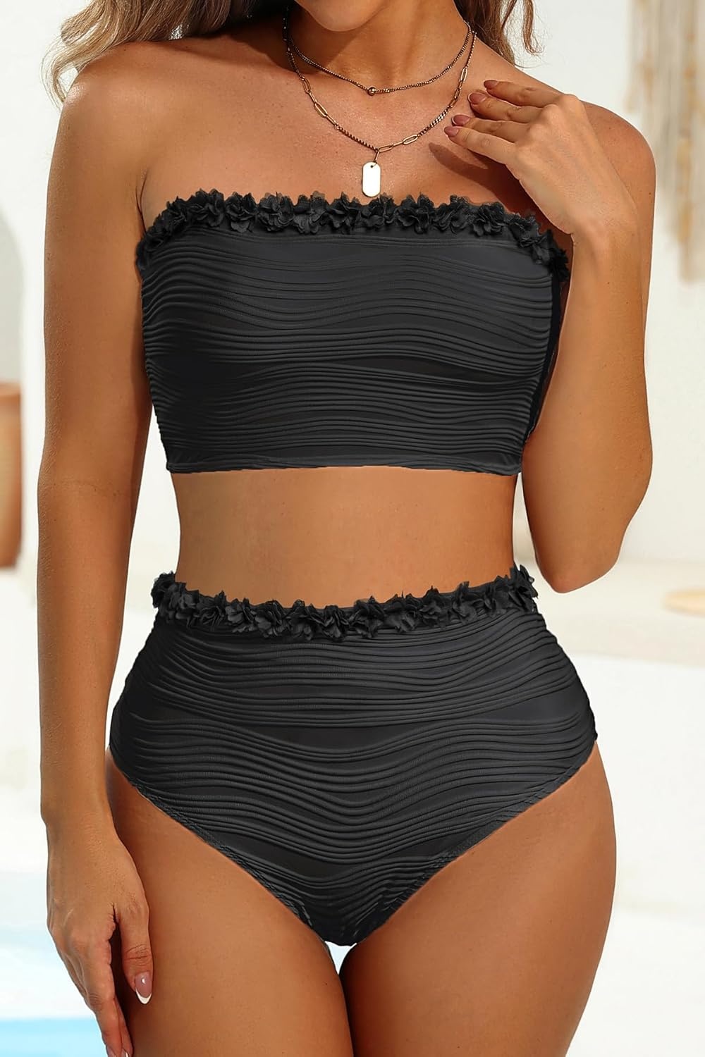 High Waisted Bandeau Bikini Set – Women Strapless Two Piece Swimsuits Ribbed Longline Full Coverage Bathing Suits Swimwear(Mesh-black)