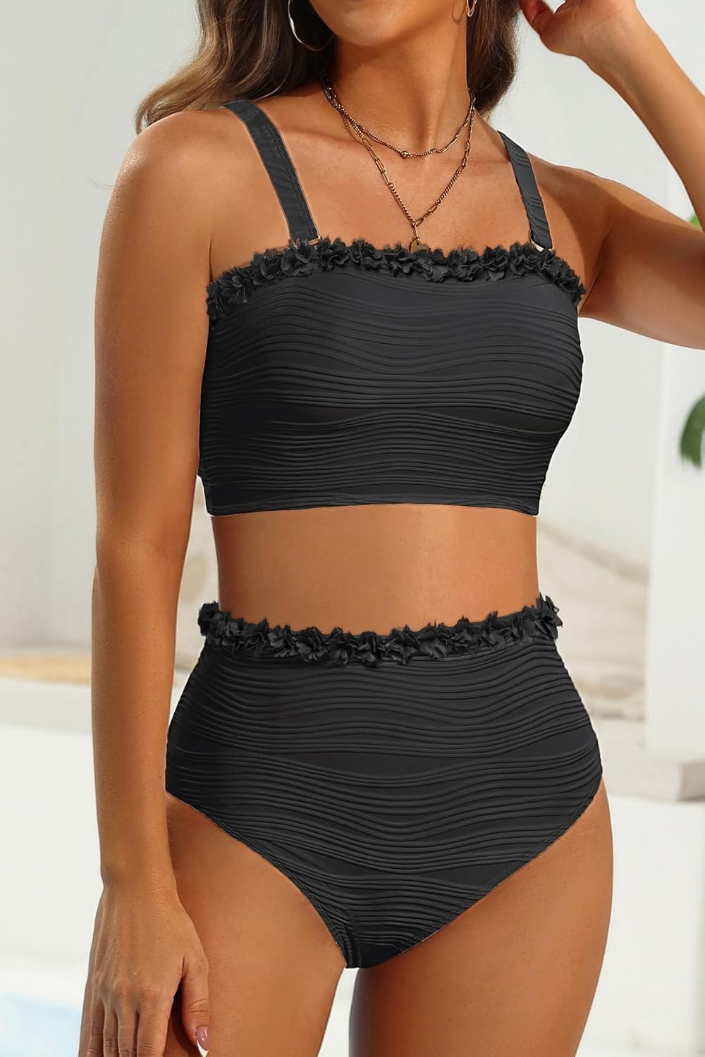High Waisted Bandeau Bikini Set – Women Strapless Two Piece Swimsuits Ribbed Longline Full Coverage Bathing Suits Swimwear(Mesh-black)