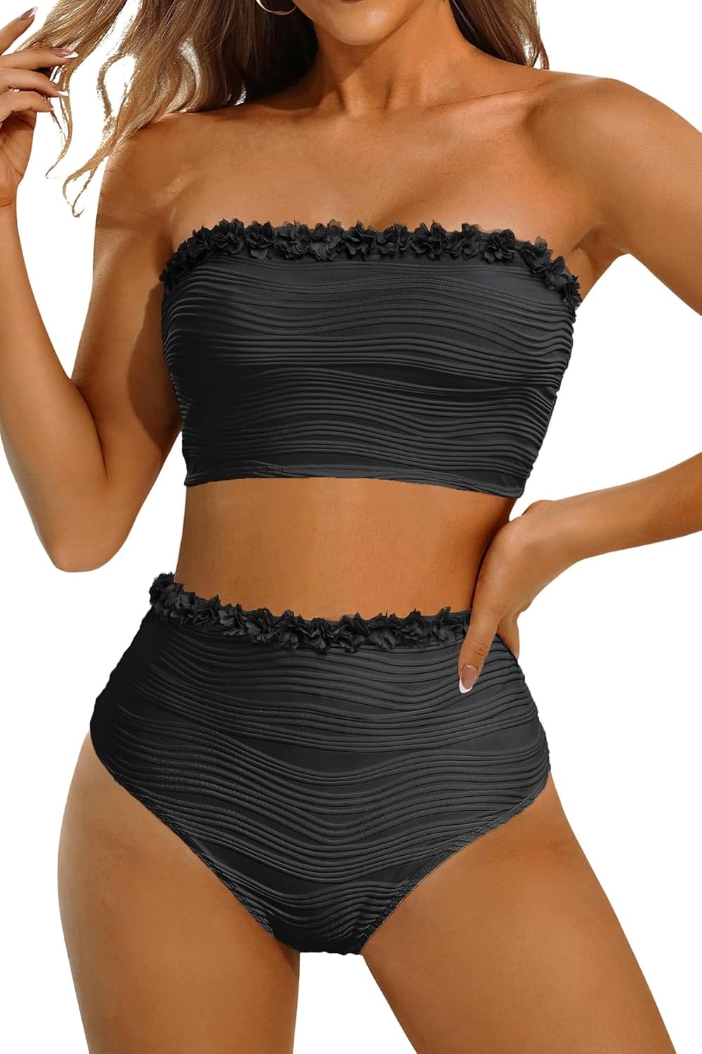 High Waisted Bandeau Bikini Set – Women Strapless Two Piece Swimsuits Ribbed Longline Full Coverage Bathing Suits Swimwear(Mesh-black)