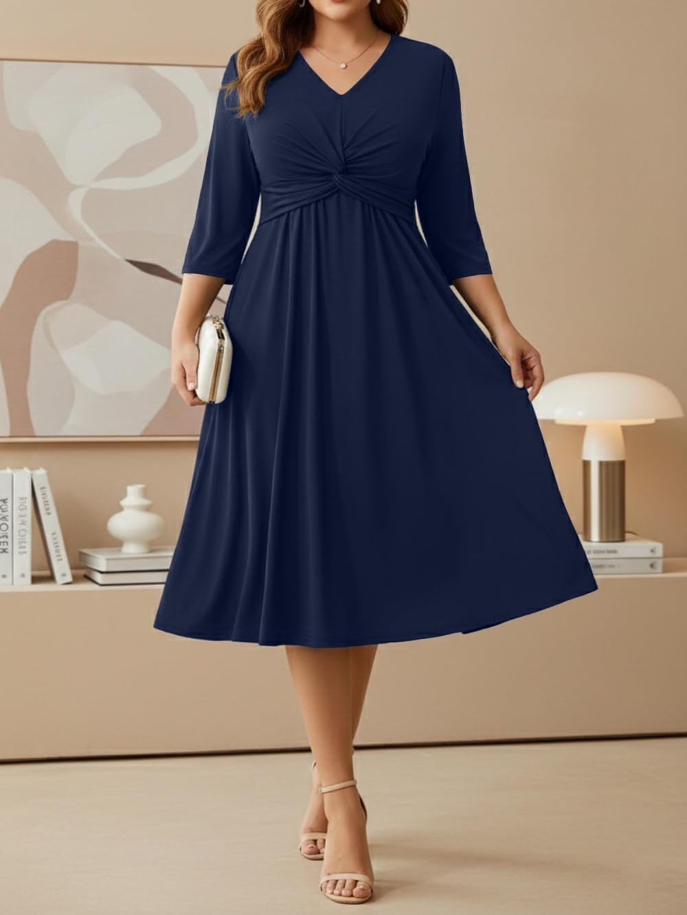 Talisea Plus Size Dress for Women Twist Knot V Neck 3/4 Sleeves A Line Wedding Guest Midi Dresses(Navy Blue)