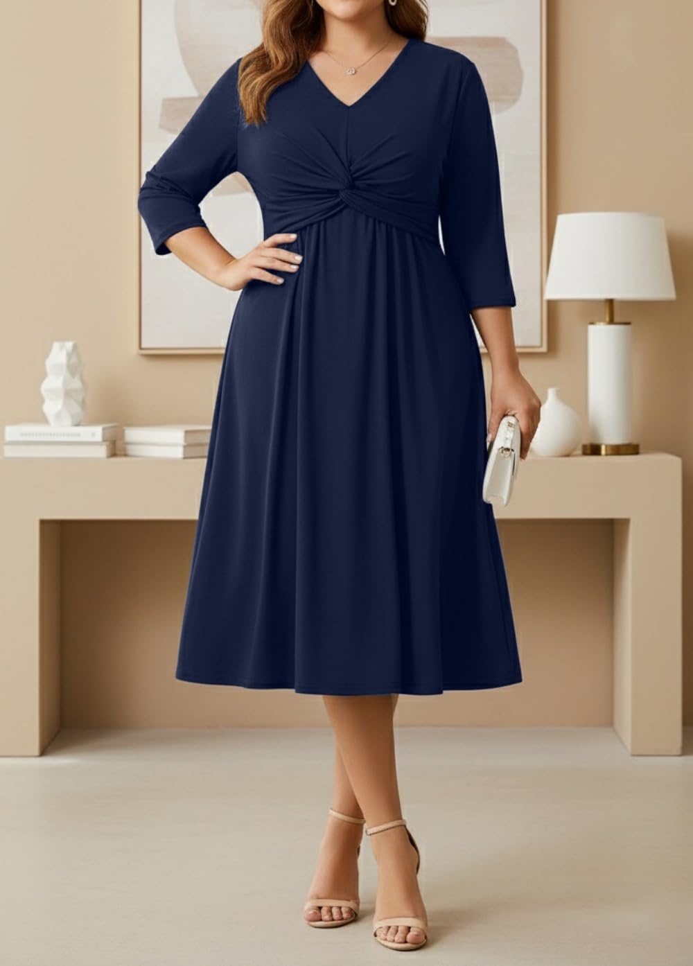 Talisea Plus Size Dress for Women Twist Knot V Neck 3/4 Sleeves A Line Wedding Guest Midi Dresses(Navy Blue)