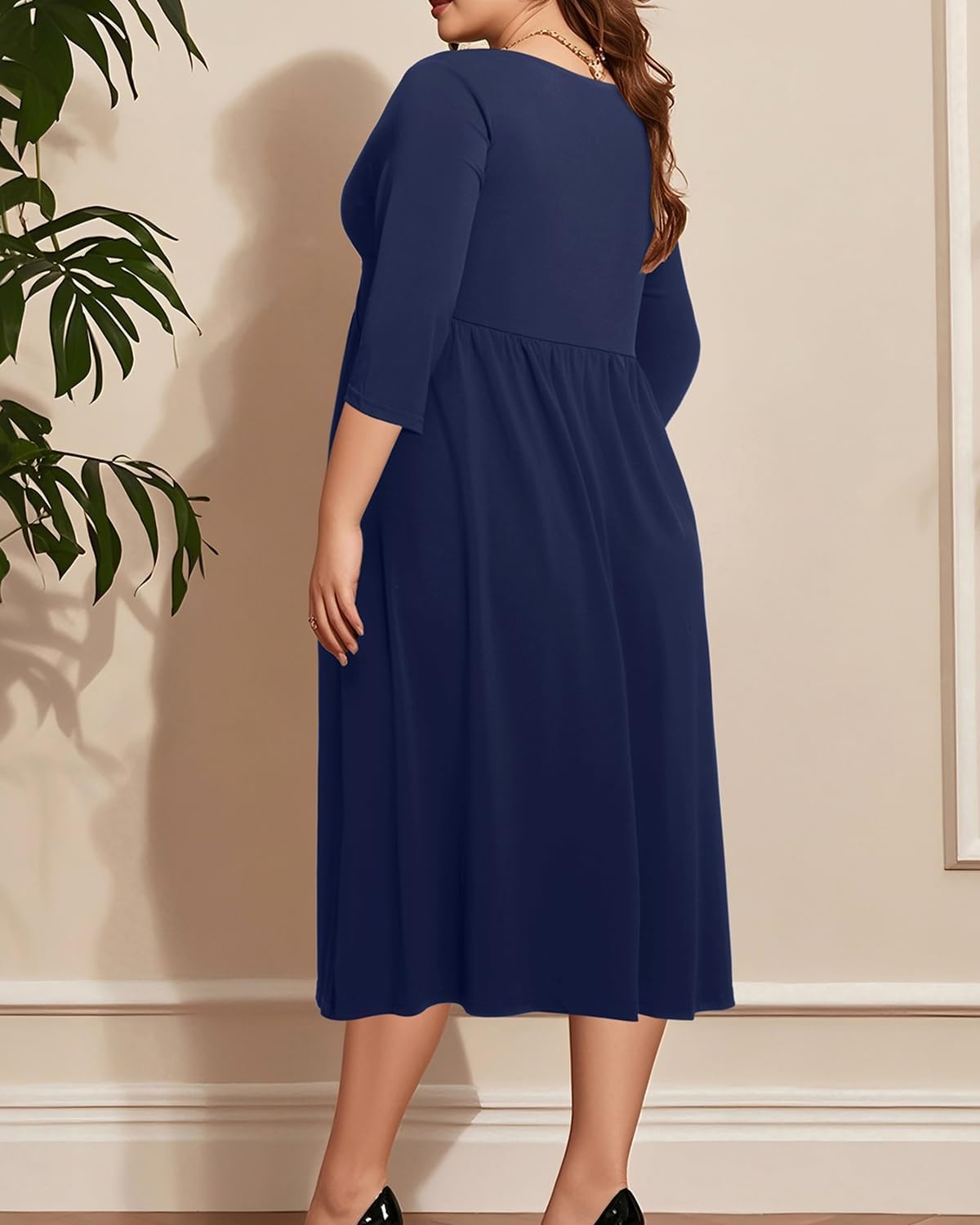 Talisea Plus Size Dress for Women Twist Knot V Neck 3/4 Sleeves A Line Wedding Guest Midi Dresses(Navy Blue)