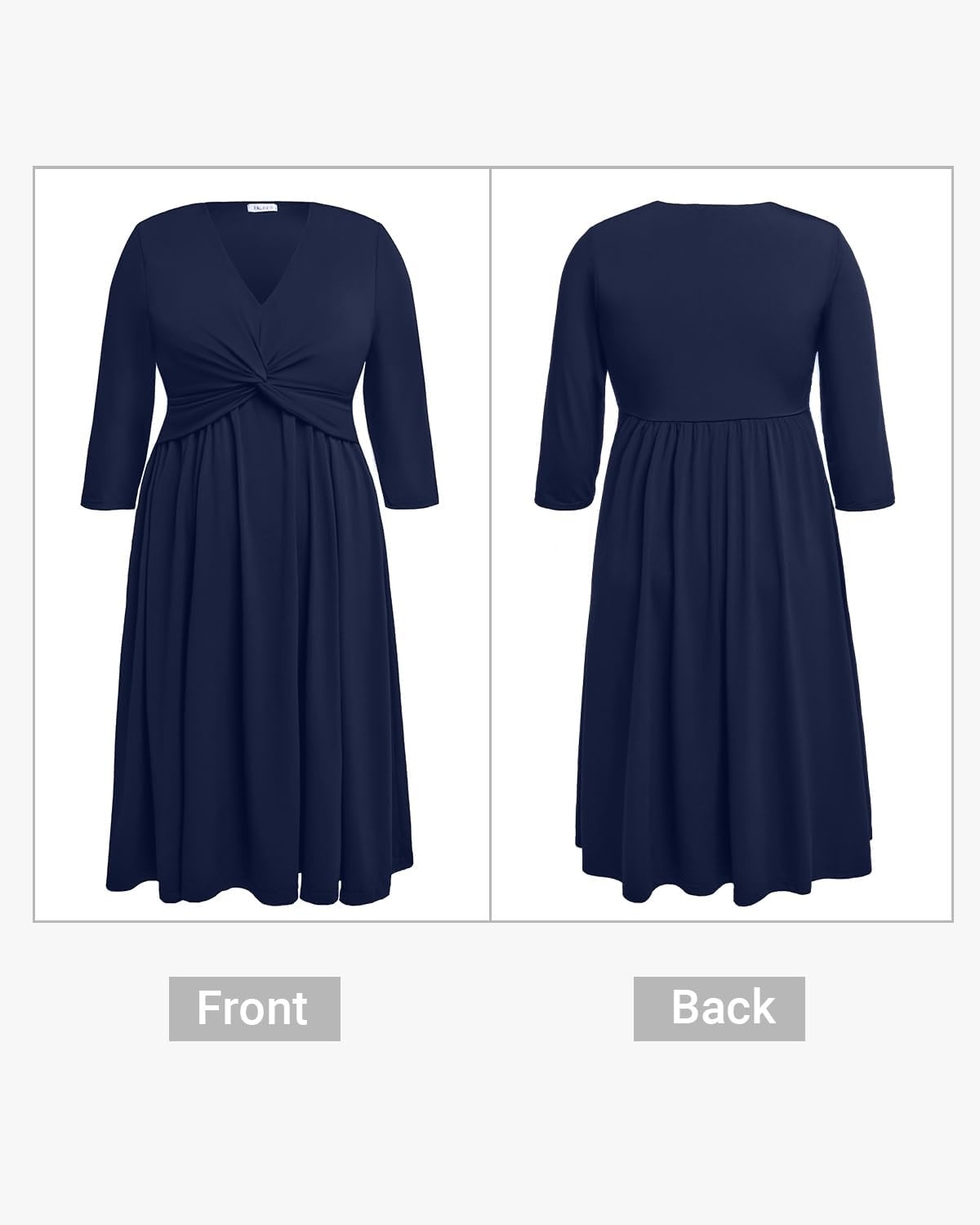Talisea Plus Size Dress for Women Twist Knot V Neck 3/4 Sleeves A Line Wedding Guest Midi Dresses(Navy Blue)