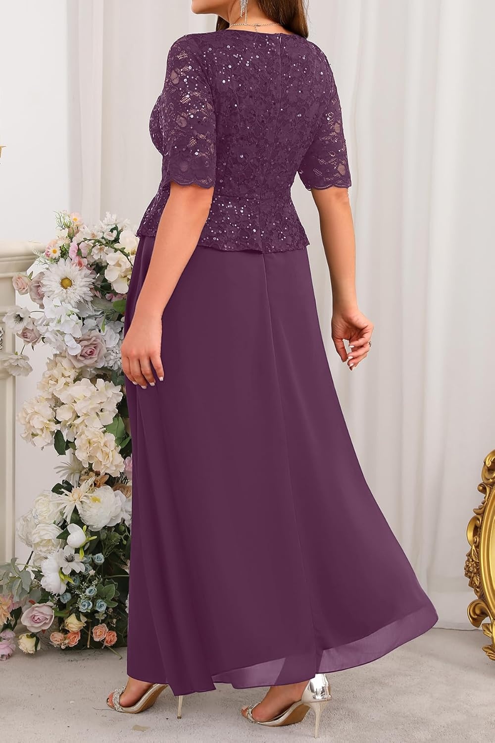 Plus Size Formal Dresses – Mother of The Bride Evening Gowns Wedding Guest Sequin Lace Bodice Long Dress Women(Dark Purple)