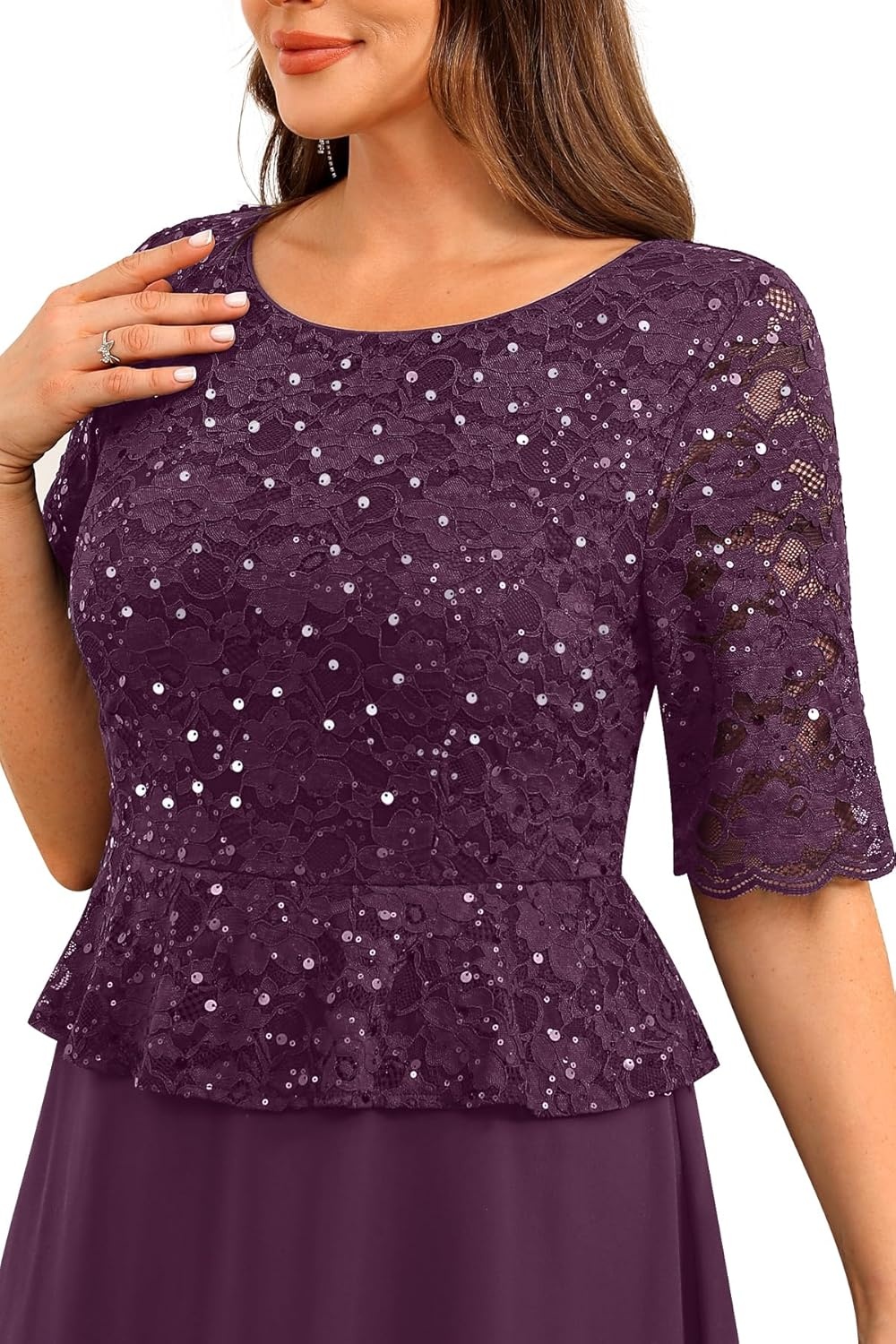 Plus Size Formal Dresses – Mother of The Bride Evening Gowns Wedding Guest Sequin Lace Bodice Long Dress Women(Dark Purple)