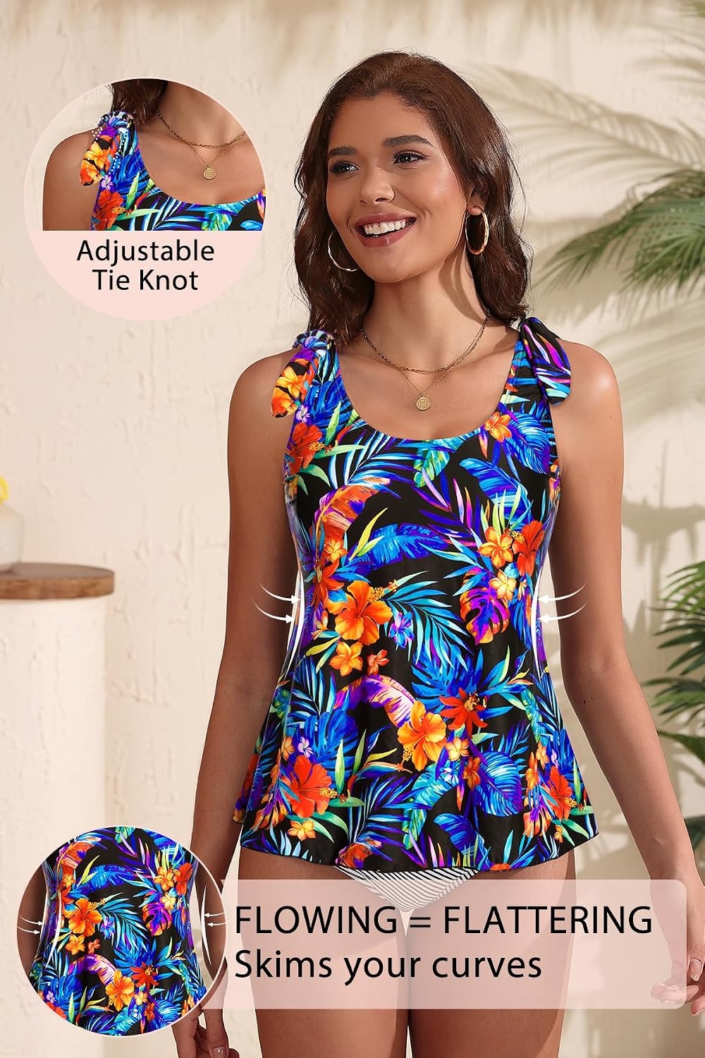 Women’s Flowy Tankini Top Only- Modest Swimsuit Top Tie Knot Bathing Suit No Bottom 2025(Colorful Floral)
