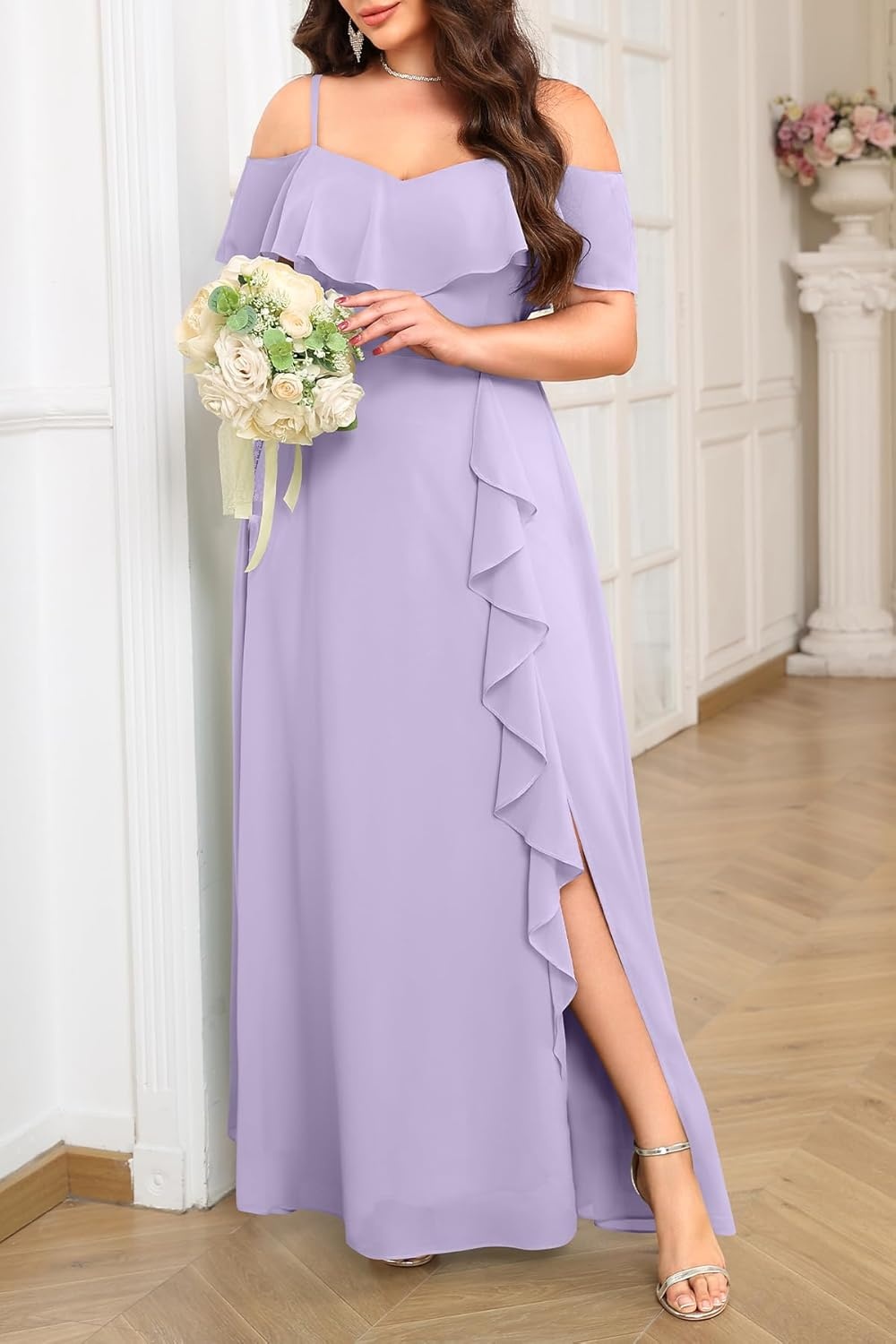 Talisea Plus Size Formal Dresses – Off Shoulder Chiffon High Slit Ruffle Wedding Guest Bridesmaid Prom Evening Dress(Lavender)
