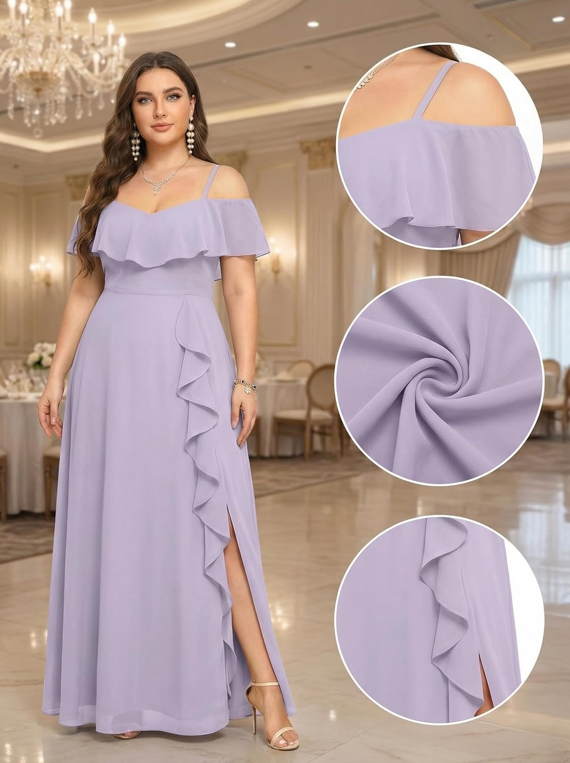Talisea Plus Size Formal Dresses – Off Shoulder Chiffon High Slit Ruffle Wedding Guest Bridesmaid Prom Evening Dress(Lavender)