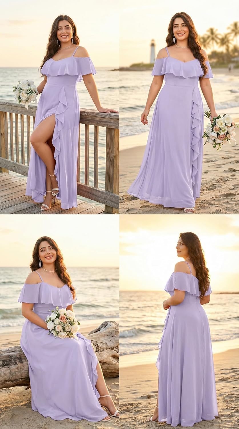 Talisea Plus Size Formal Dresses – Off Shoulder Chiffon High Slit Ruffle Wedding Guest Bridesmaid Prom Evening Dress(Lavender)