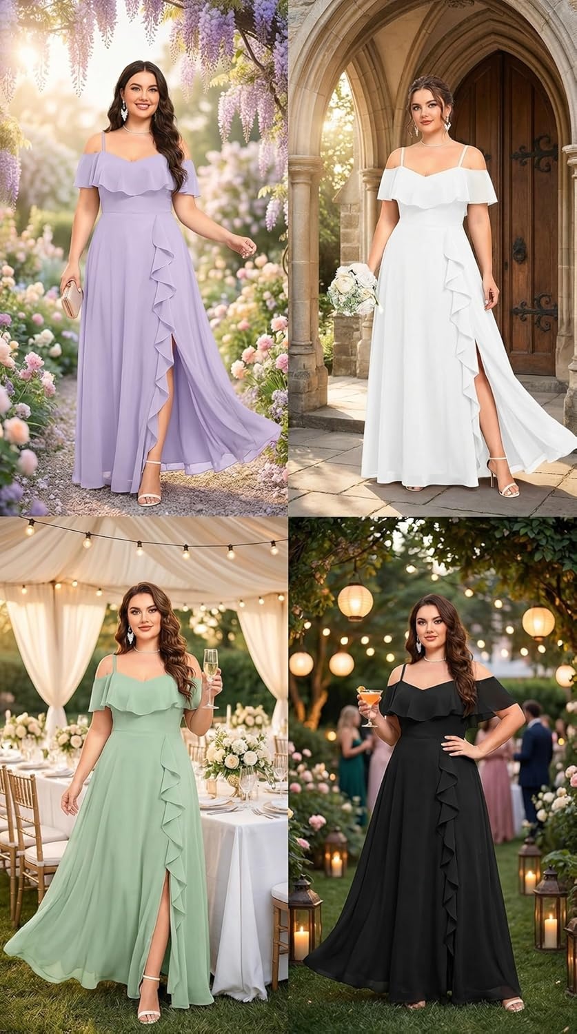 Talisea Plus Size Formal Dresses – Off Shoulder Chiffon High Slit Ruffle Wedding Guest Bridesmaid Prom Evening Dress(Lavender)