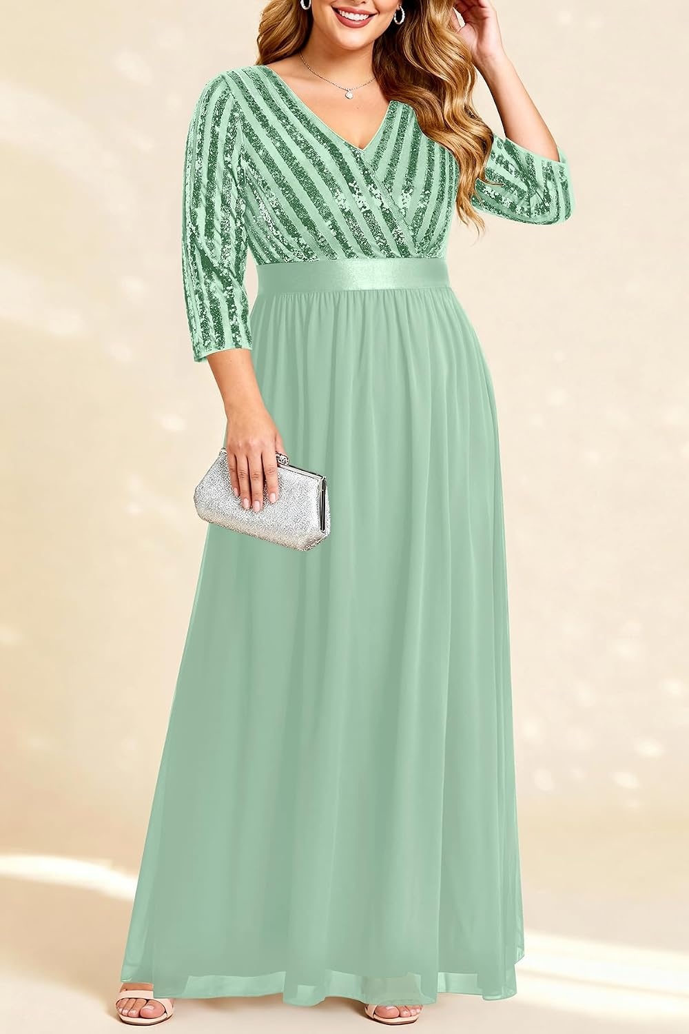 Plus Size Formal Dresses V Neck 3/4 Sleeve Sequin Prom Evening Maxi Dress(Mint Green)
