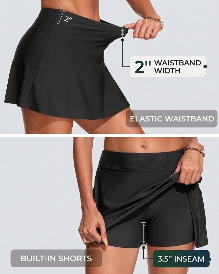 Womens Mid Rise Swim Skirt – Bathing Suit Skirt with Built-in Shorts Split Skort Swimsuit Bottoms Swimwear 2025(Black)