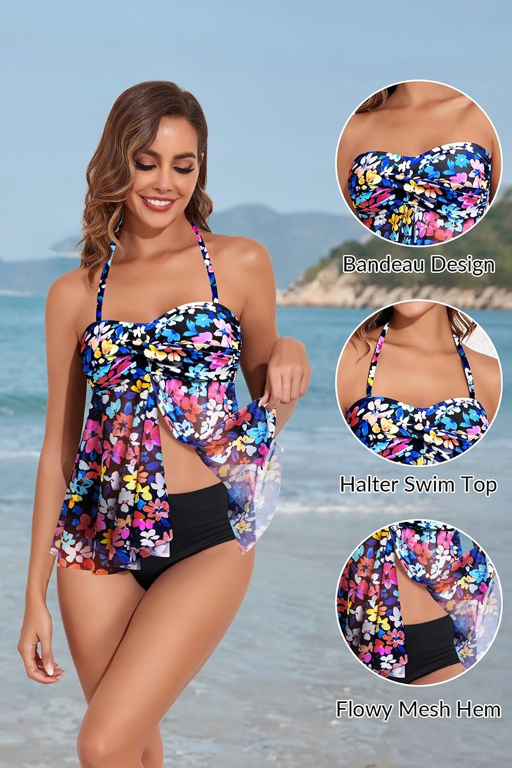 Talisea Women Bandeau Tankini Top Only Mesh Strapless Swimsuits Top Halter Flyaway Bathing Suits No Bottom(Colorful Flowers)