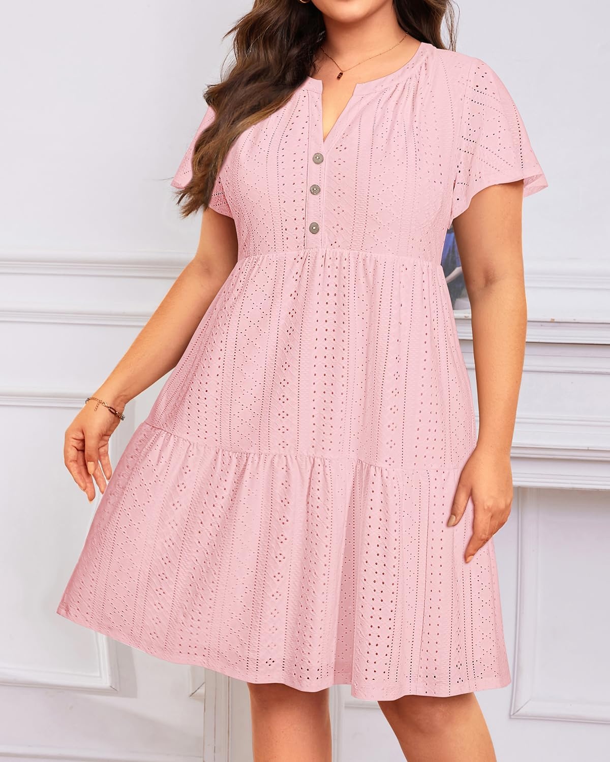 Plus Size Summer Dress – Casual Sundress Beach Short Sleeve V Neck Tiered Button Up Boho Midi Flowy Sun Dresses Women(Pink Eyelet)