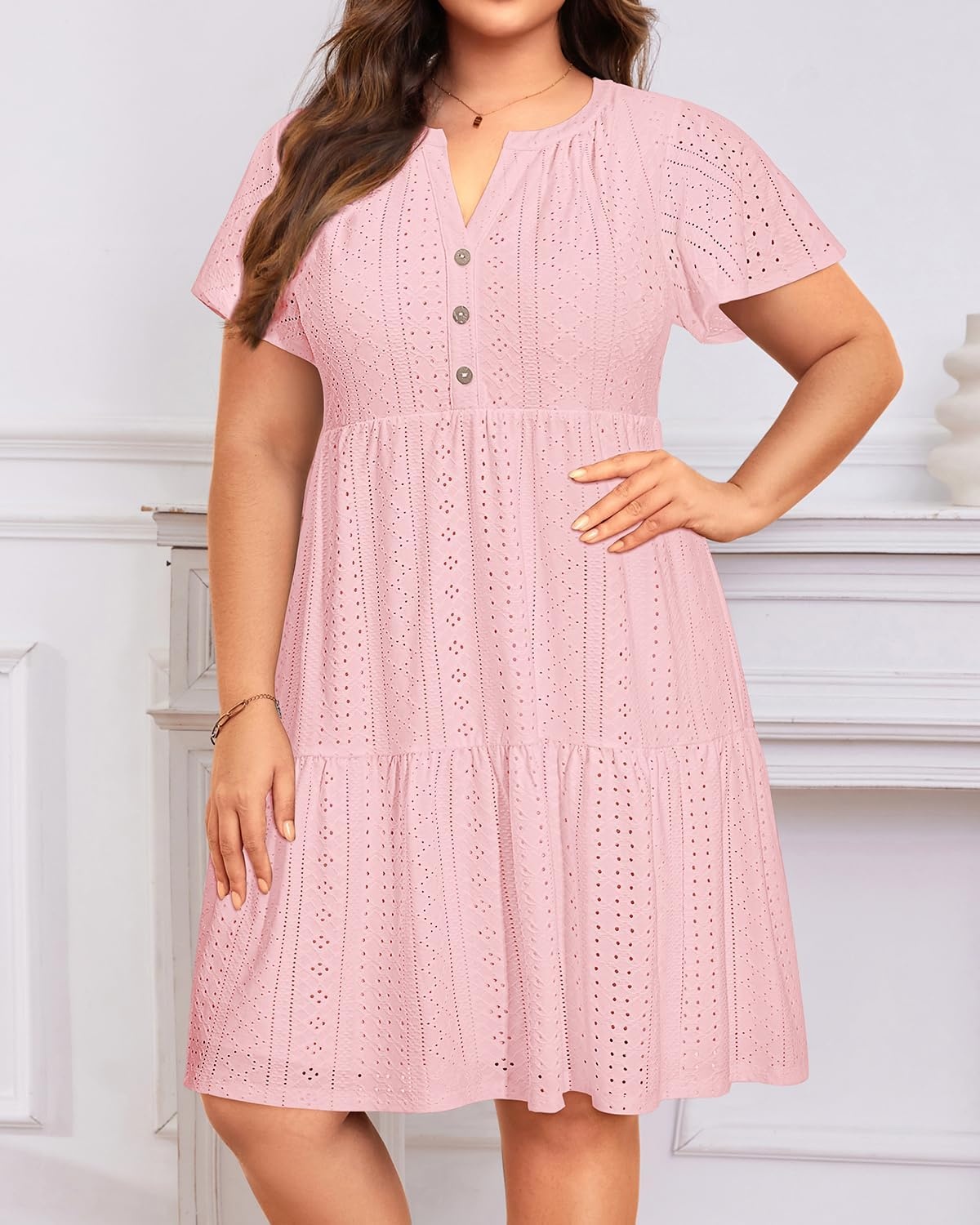 Plus Size Summer Dress – Casual Sundress Beach Short Sleeve V Neck Tiered Button Up Boho Midi Flowy Sun Dresses Women(Pink Eyelet)
