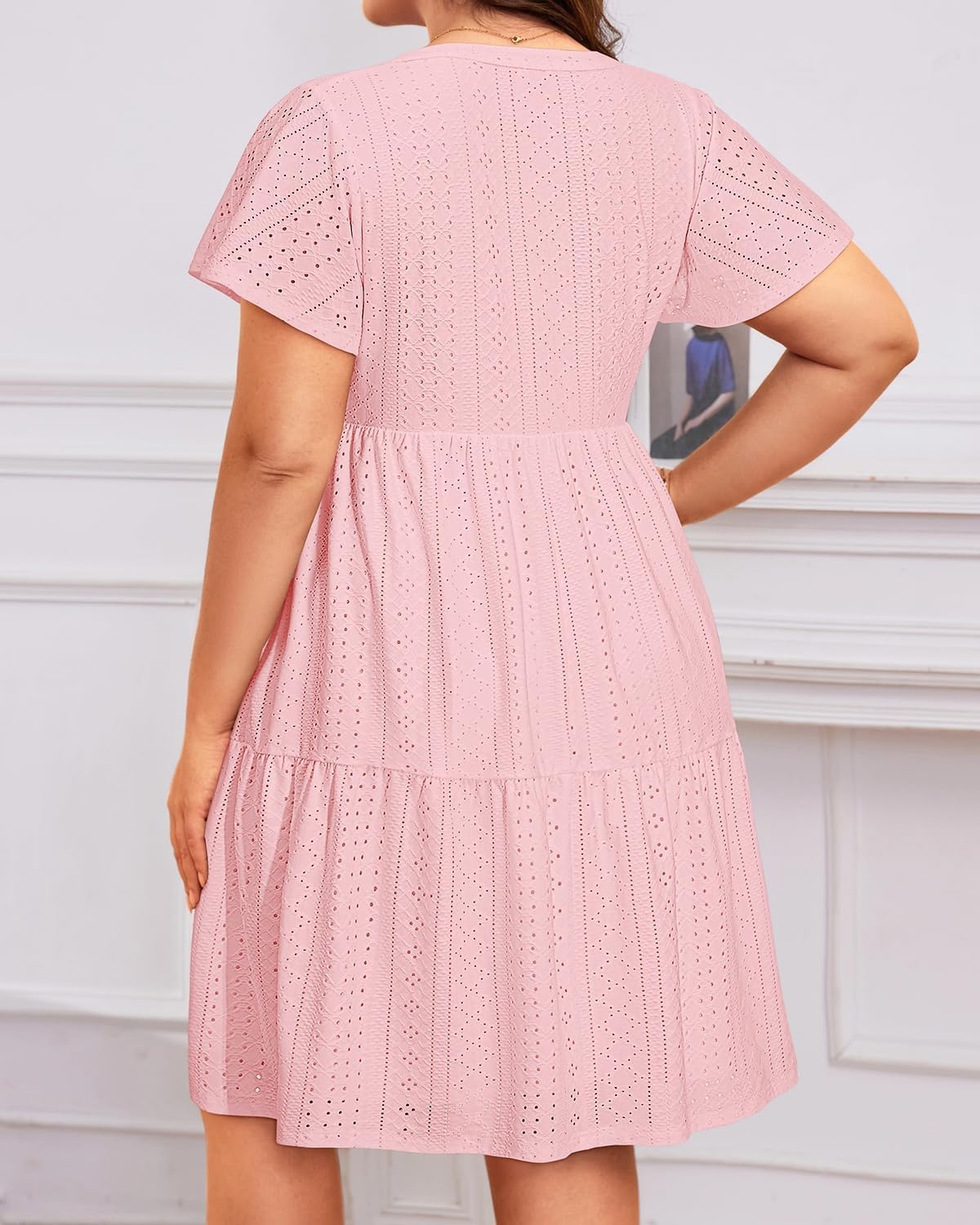 Plus Size Summer Dress – Casual Sundress Beach Short Sleeve V Neck Tiered Button Up Boho Midi Flowy Sun Dresses Women(Pink Eyelet)